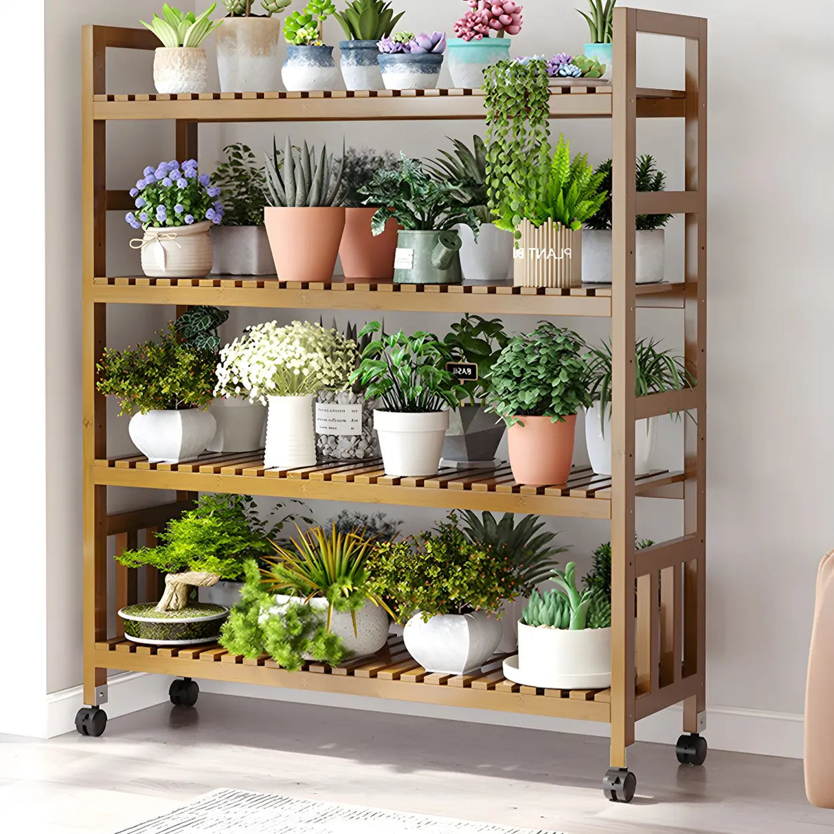 Modern Wood Brown Multi-Tier Plant Stand with Casters Image - 30