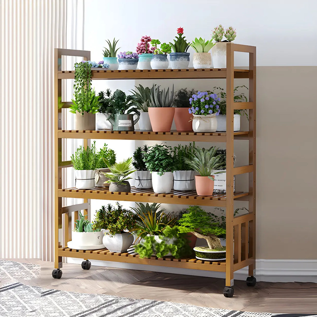 Modern Wood Brown Multi-Tier Plant Stand with Casters Image - 31