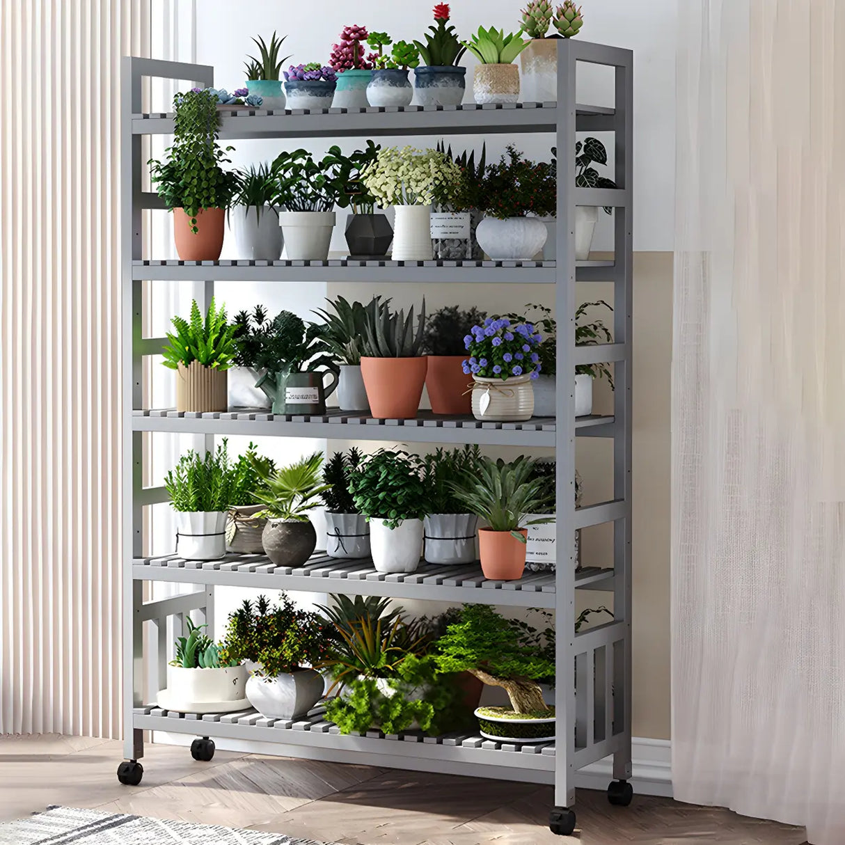 Modern Wood Brown Multi-Tier Plant Stand with Casters Image - 32