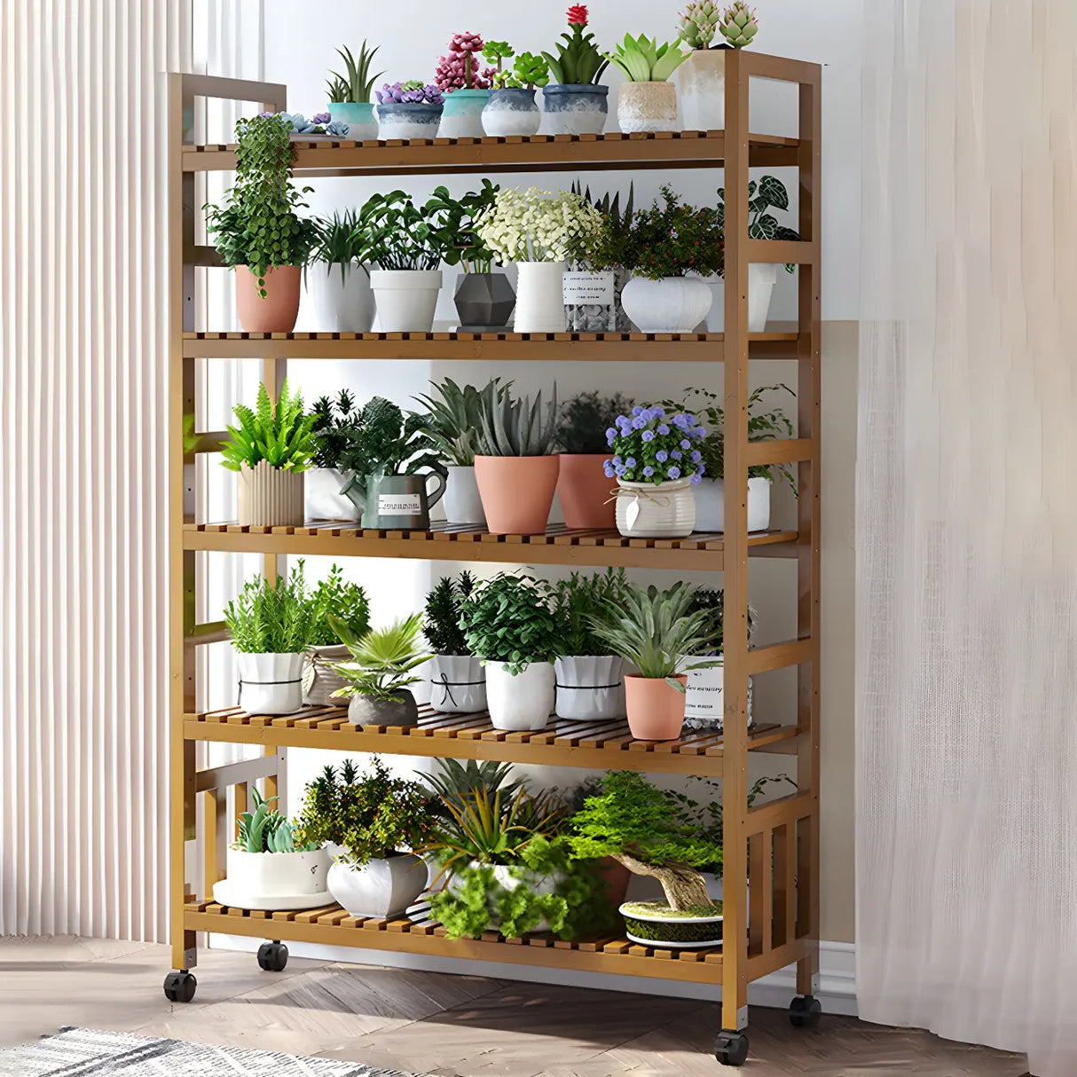 Modern Wood Brown Multi-Tier Plant Stand with Casters Image - 33