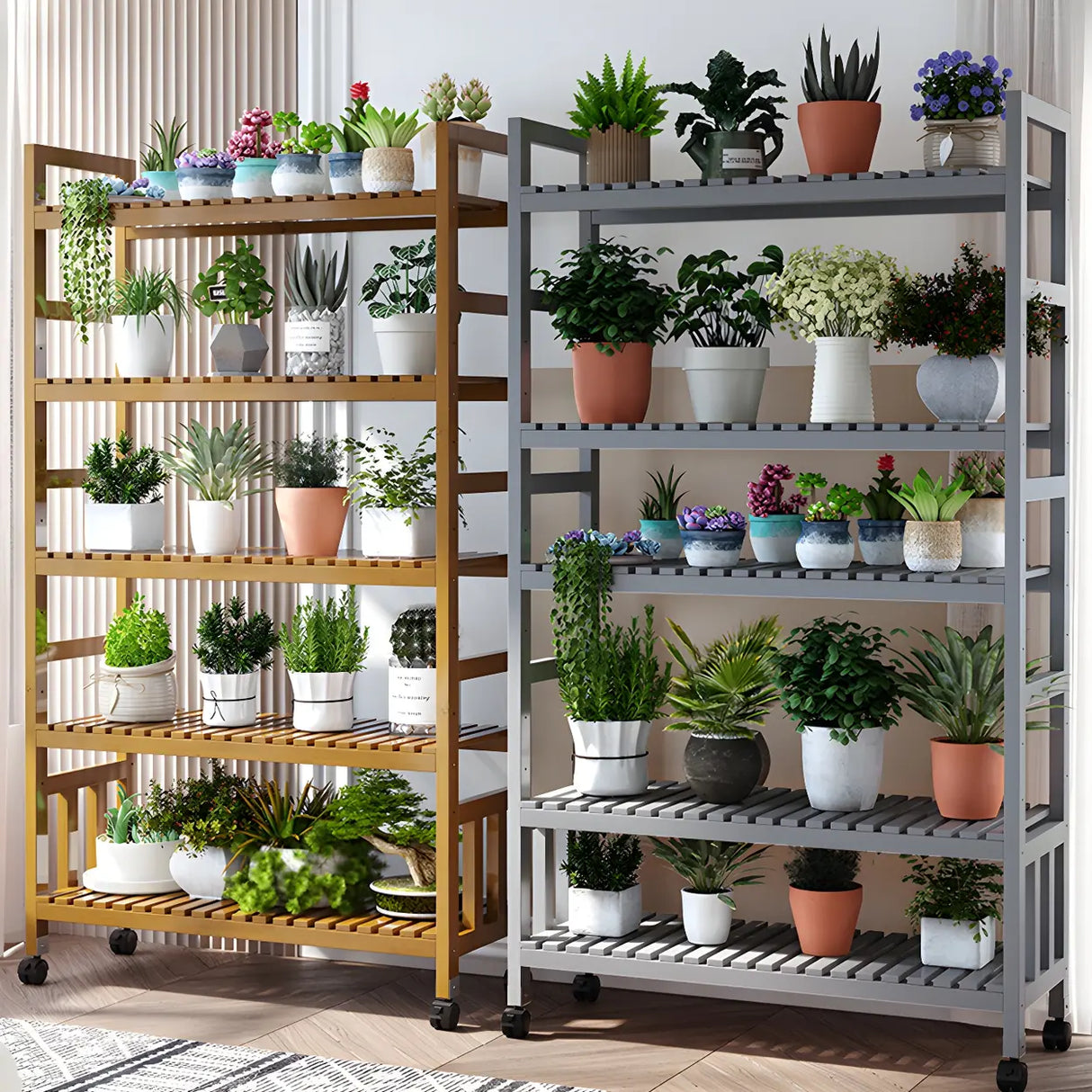 Modern Wood Brown Multi-Tier Plant Stand with Casters Image - 3