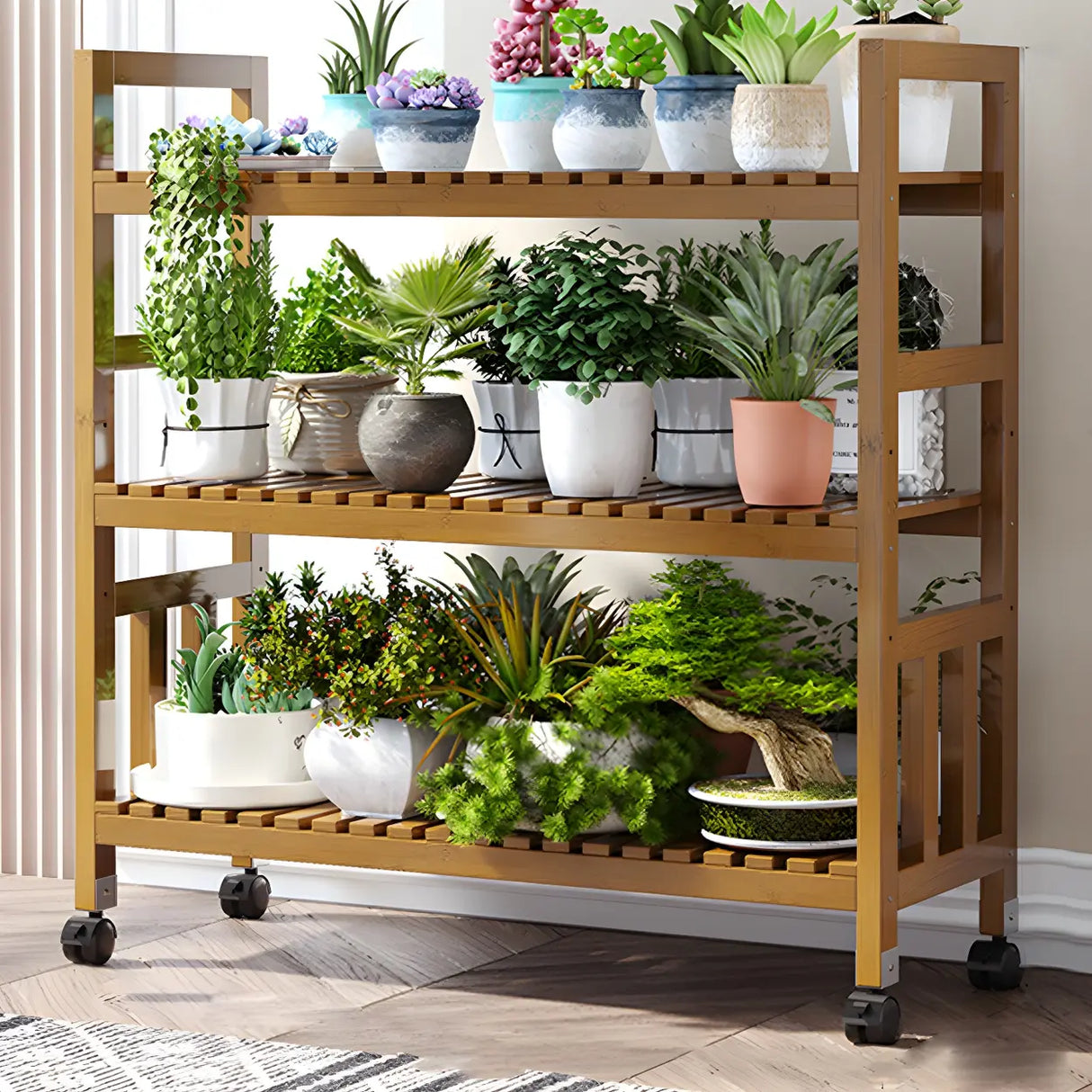 Modern Wood Brown Multi-Tier Plant Stand with Casters Image - 4