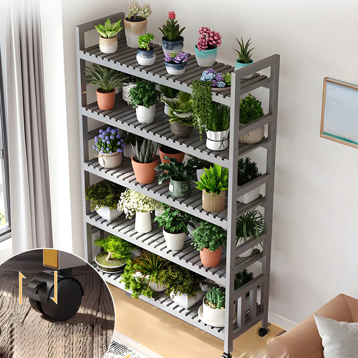 Modern Wood Brown Multi-Tier Plant Stand with Casters Image - 5