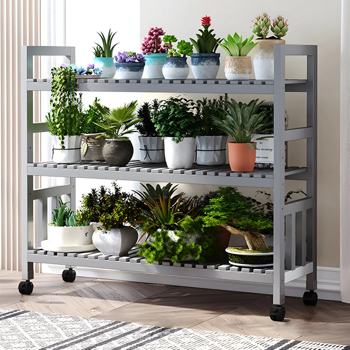 Modern Wood Brown Multi-Tier Plant Stand with Casters Image - 6