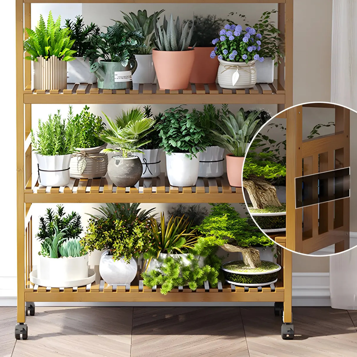 Modern Wood Brown Multi-Tier Plant Stand with Casters Image - 7