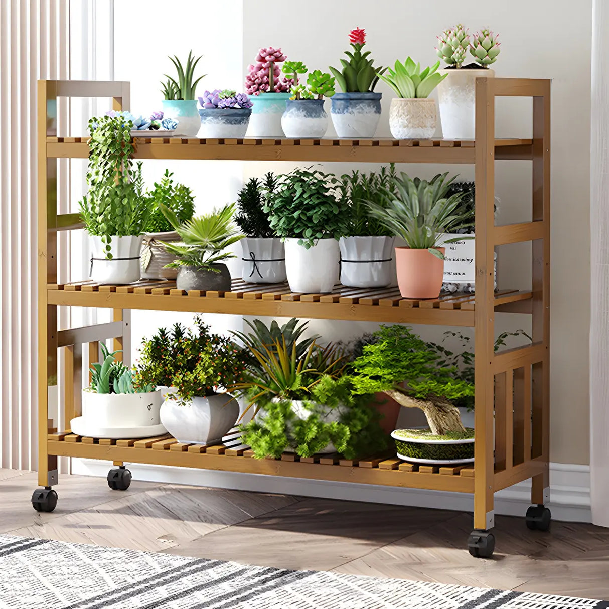 Modern Wood Brown Multi-Tier Plant Stand with Casters Image - 8