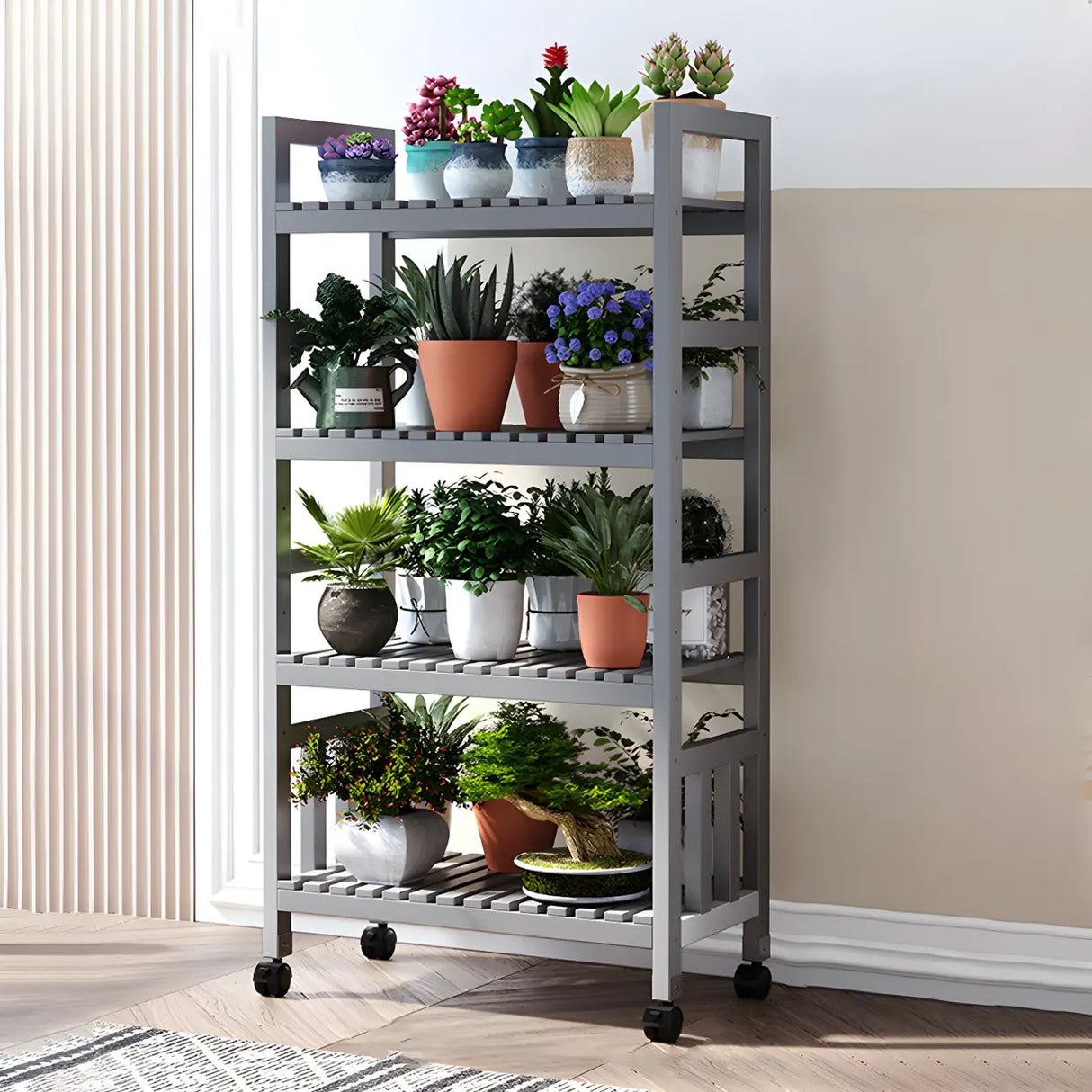 Modern Wood Brown Multi-Tier Plant Stand with Casters Image - 9
