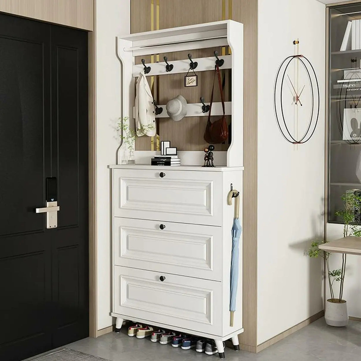 Modern Wood Entryway White Large Shoe Storage Cabinet Image - 1