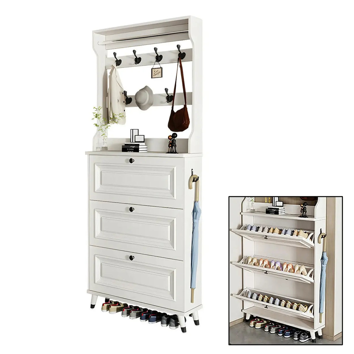 Modern Wood Entryway White Large Shoe Storage Cabinet Image - 2