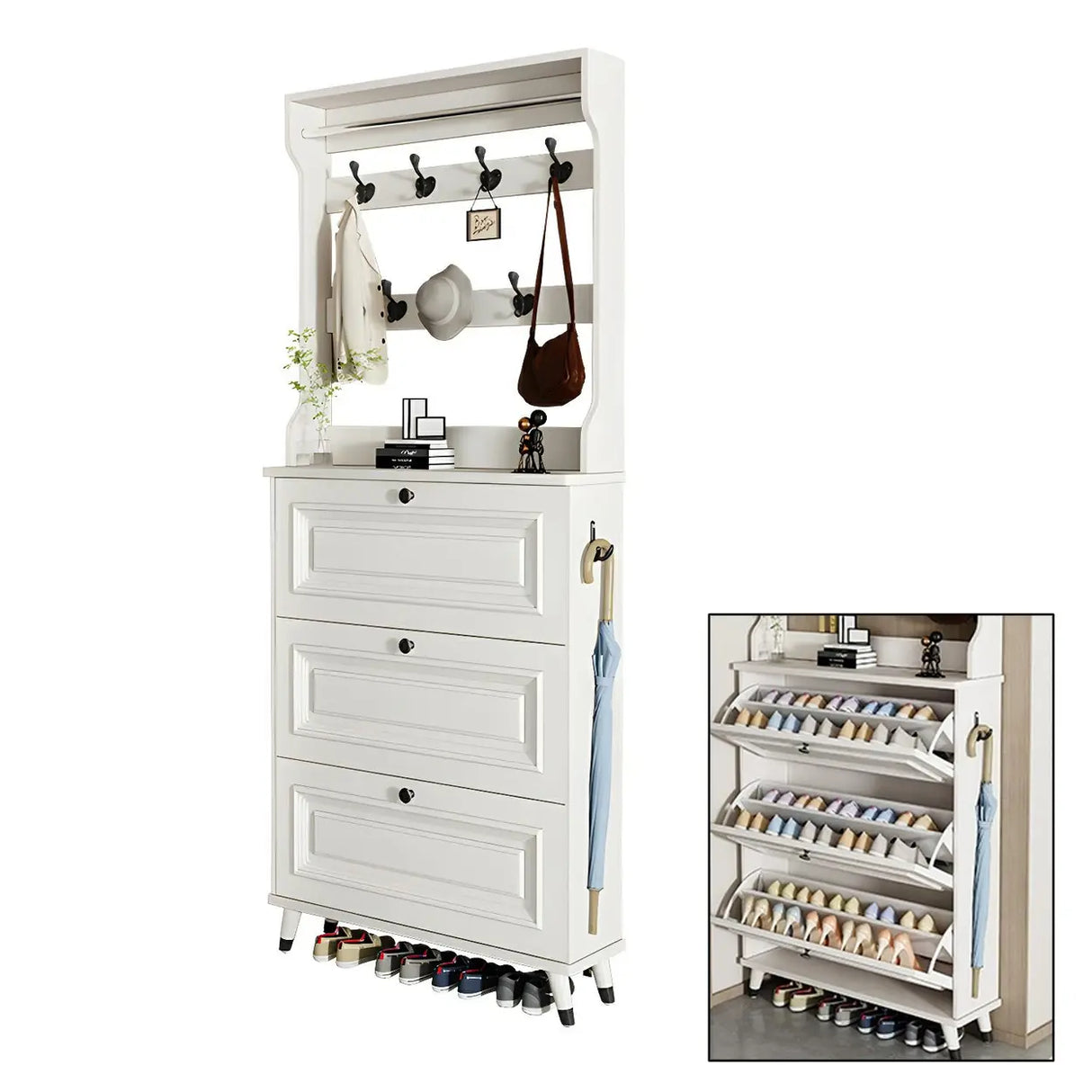 Modern Wood Entryway White Large Shoe Storage Cabinet Image - 3