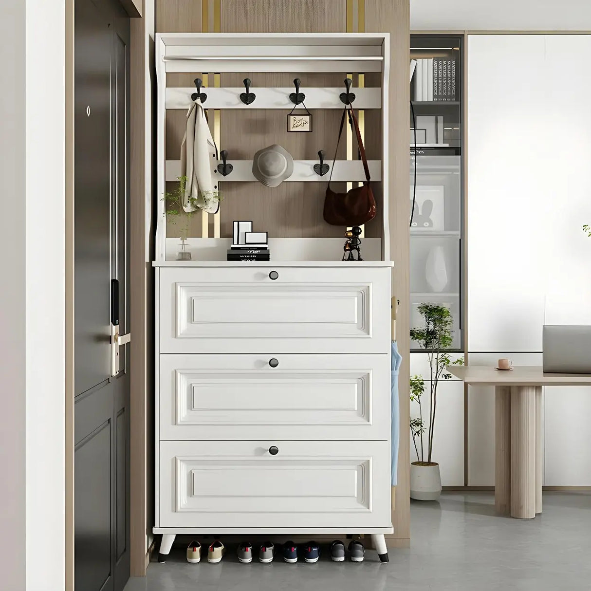 Modern Wood Entryway White Large Shoe Storage Cabinet Image - 4