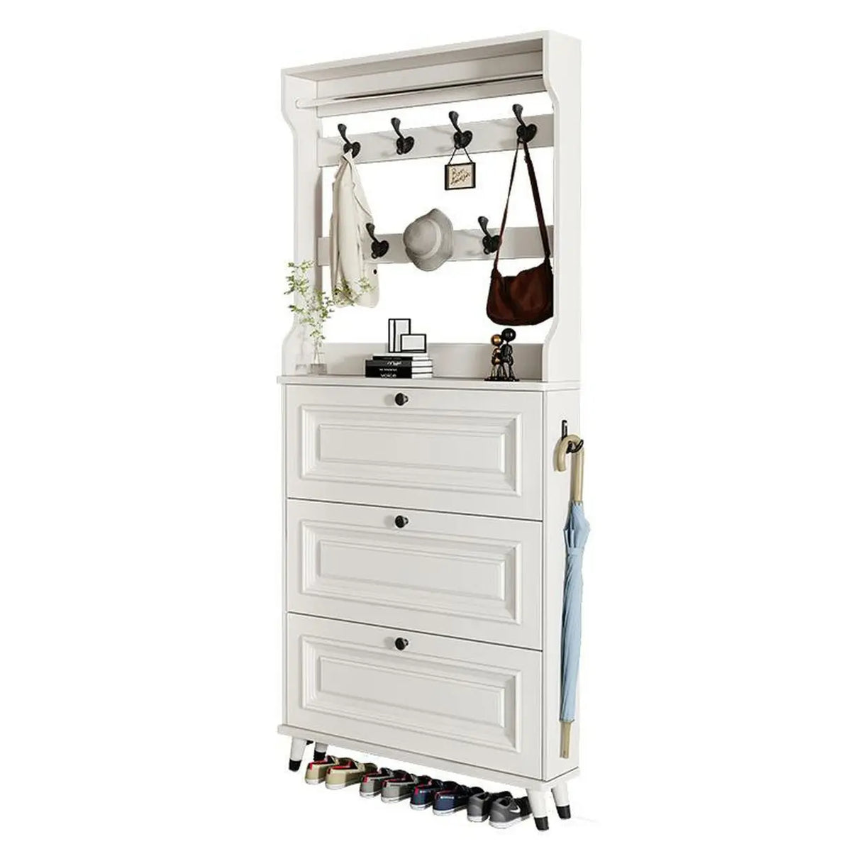 Modern Wood Entryway White Large Shoe Storage Cabinet Image - 7