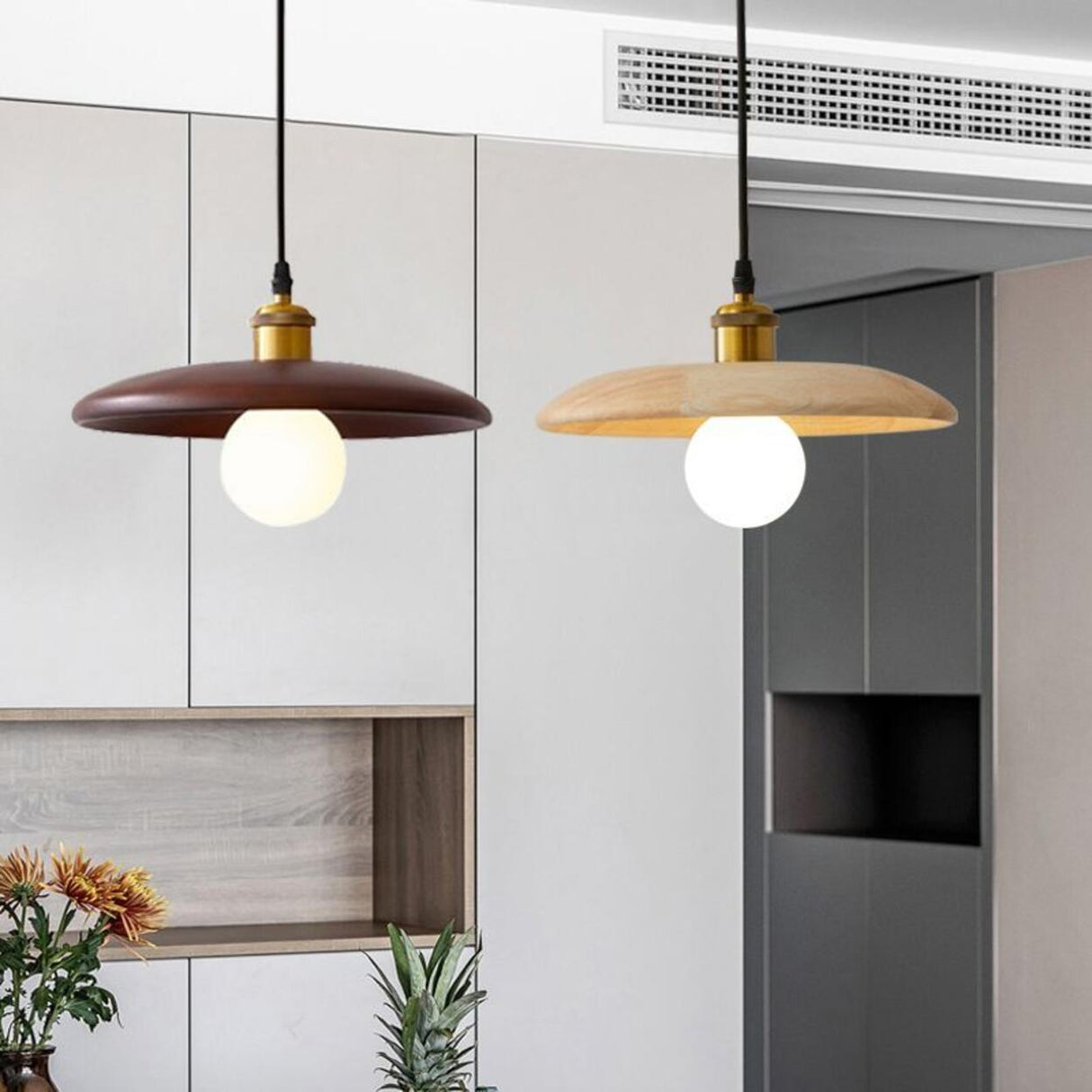 Modern Wood Flat Disc Warehouse Pendant Lights Image - 3