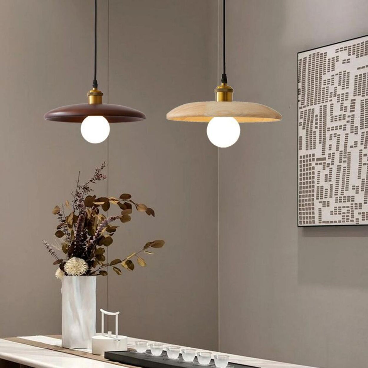 Modern Wood Flat Disc Warehouse Pendant Lights Image - 8