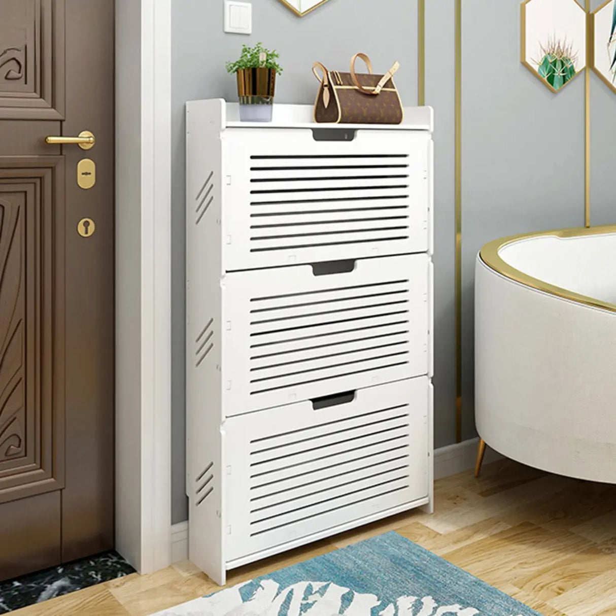Modern Wood Free Standing White Drop Front Shoe Cabinet Image - 11