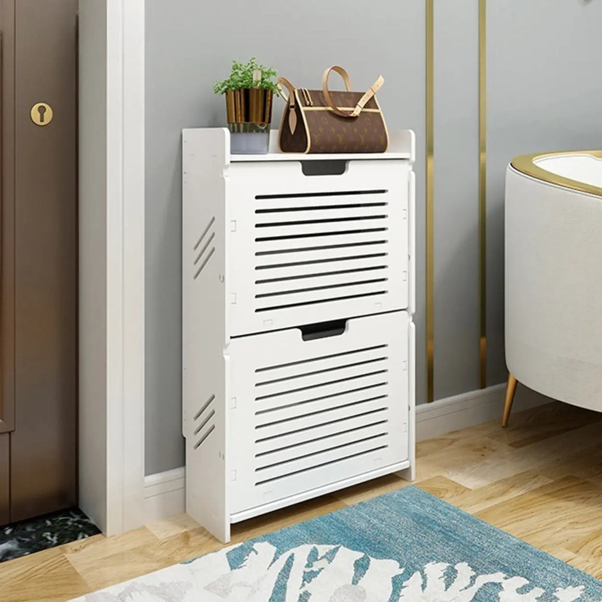 Modern Wood Free Standing White Drop Front Shoe Cabinet Image - 13