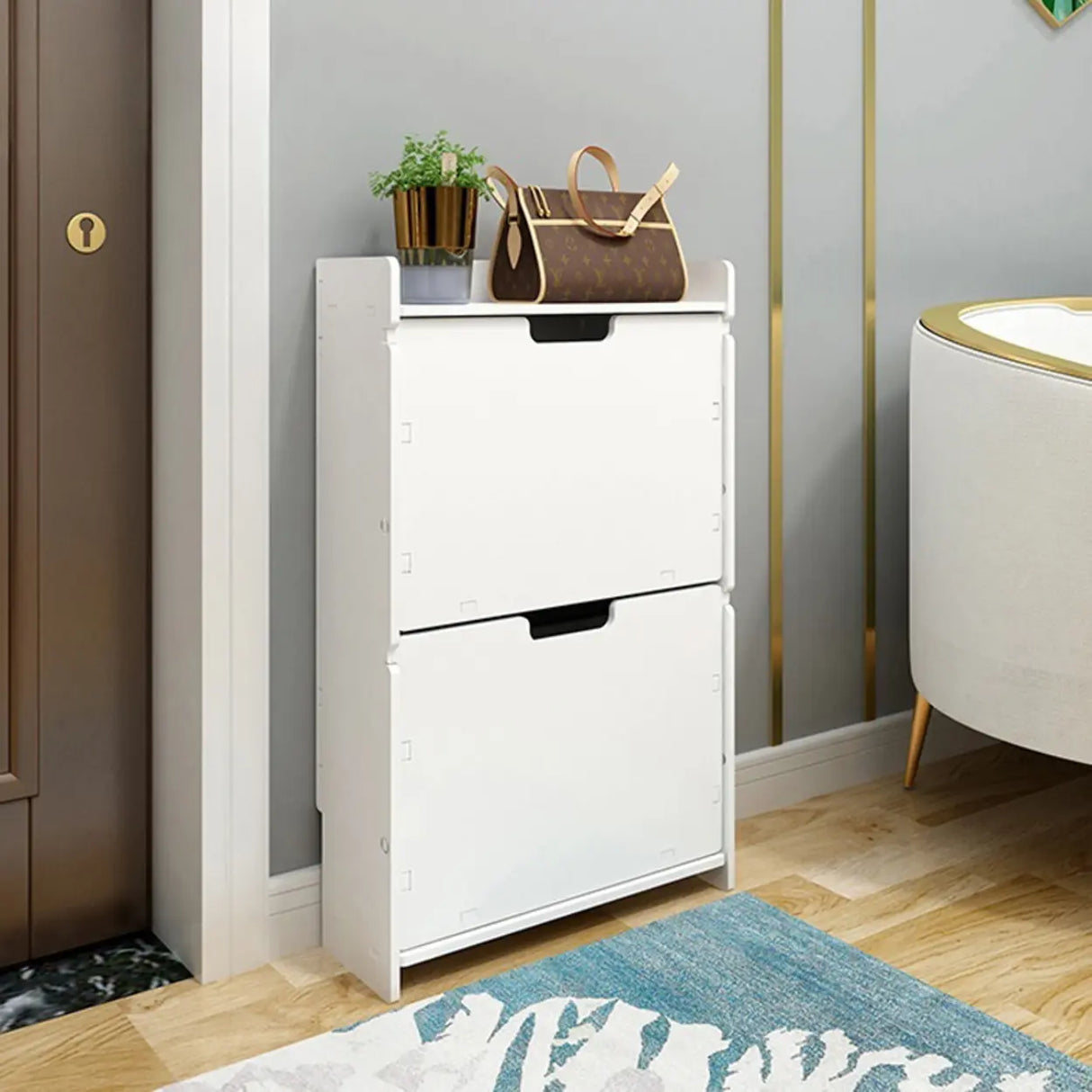 Modern Wood Free Standing White Drop Front Shoe Cabinet Image - 15