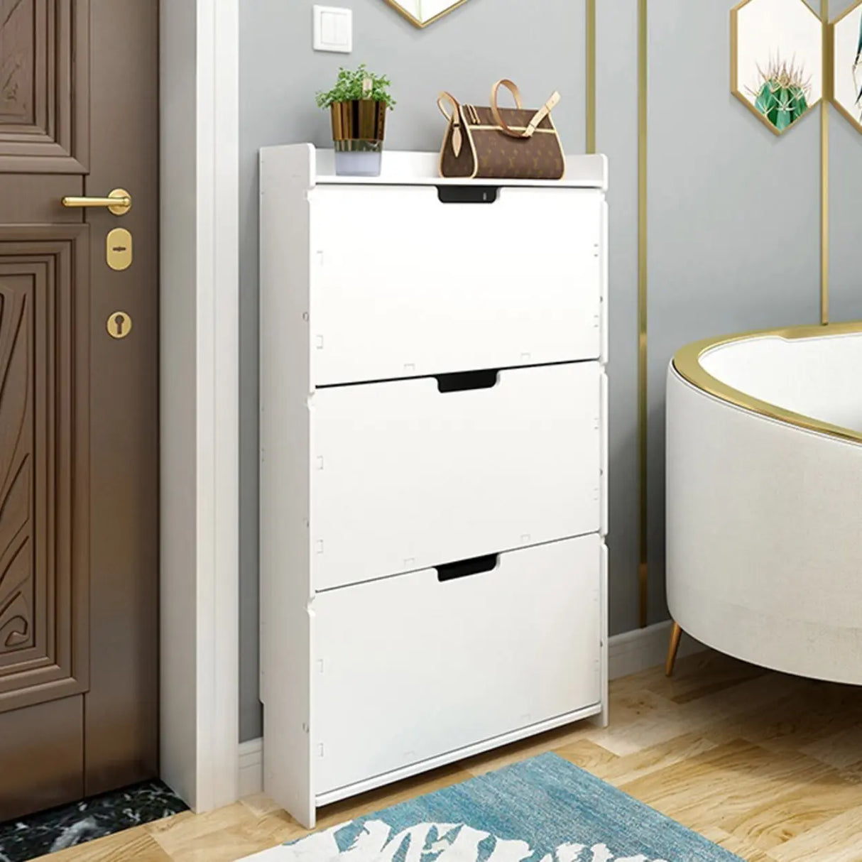 Modern Wood Free Standing White Drop Front Shoe Cabinet Image - 18
