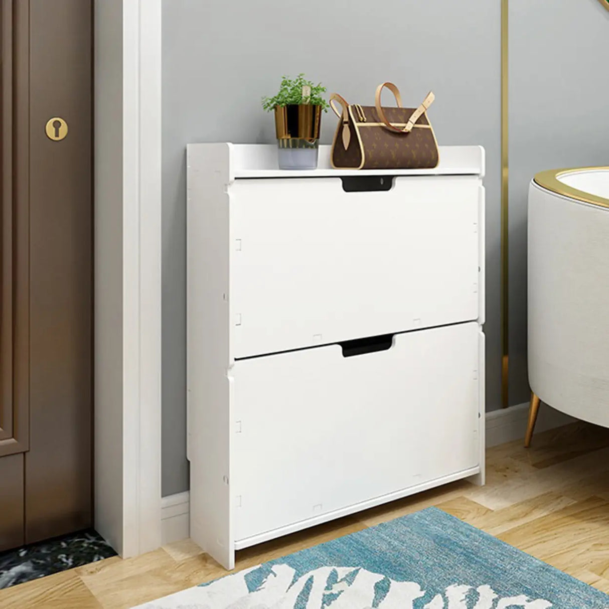 Modern Wood Free Standing White Drop Front Shoe Cabinet Image - 19