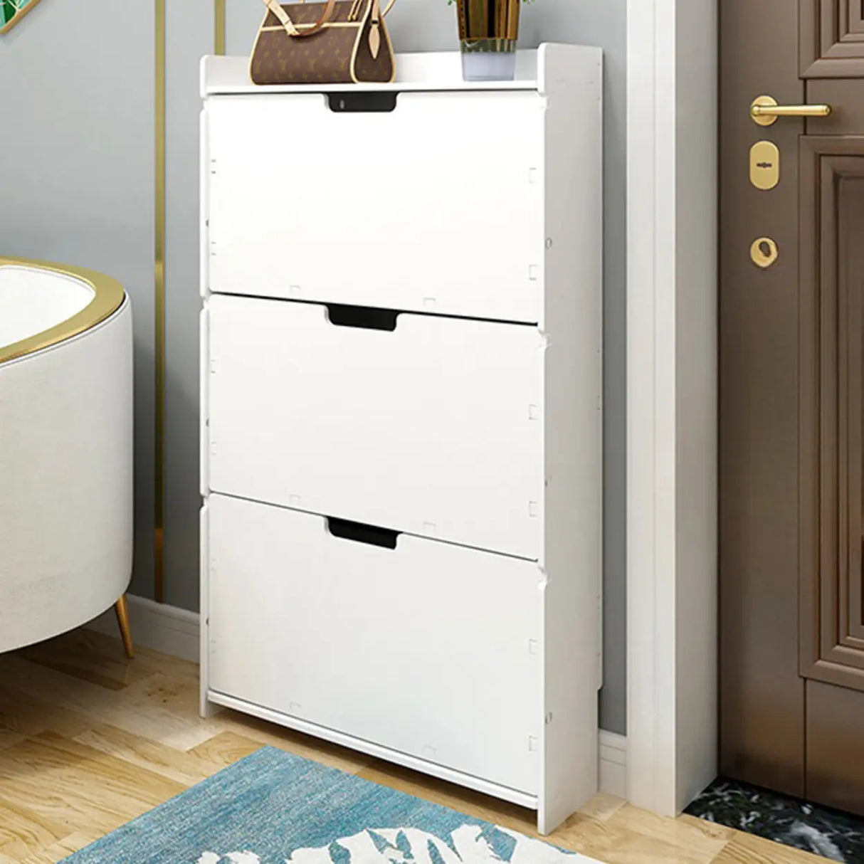 Modern Wood Free Standing White Drop Front Shoe Cabinet Image - 1