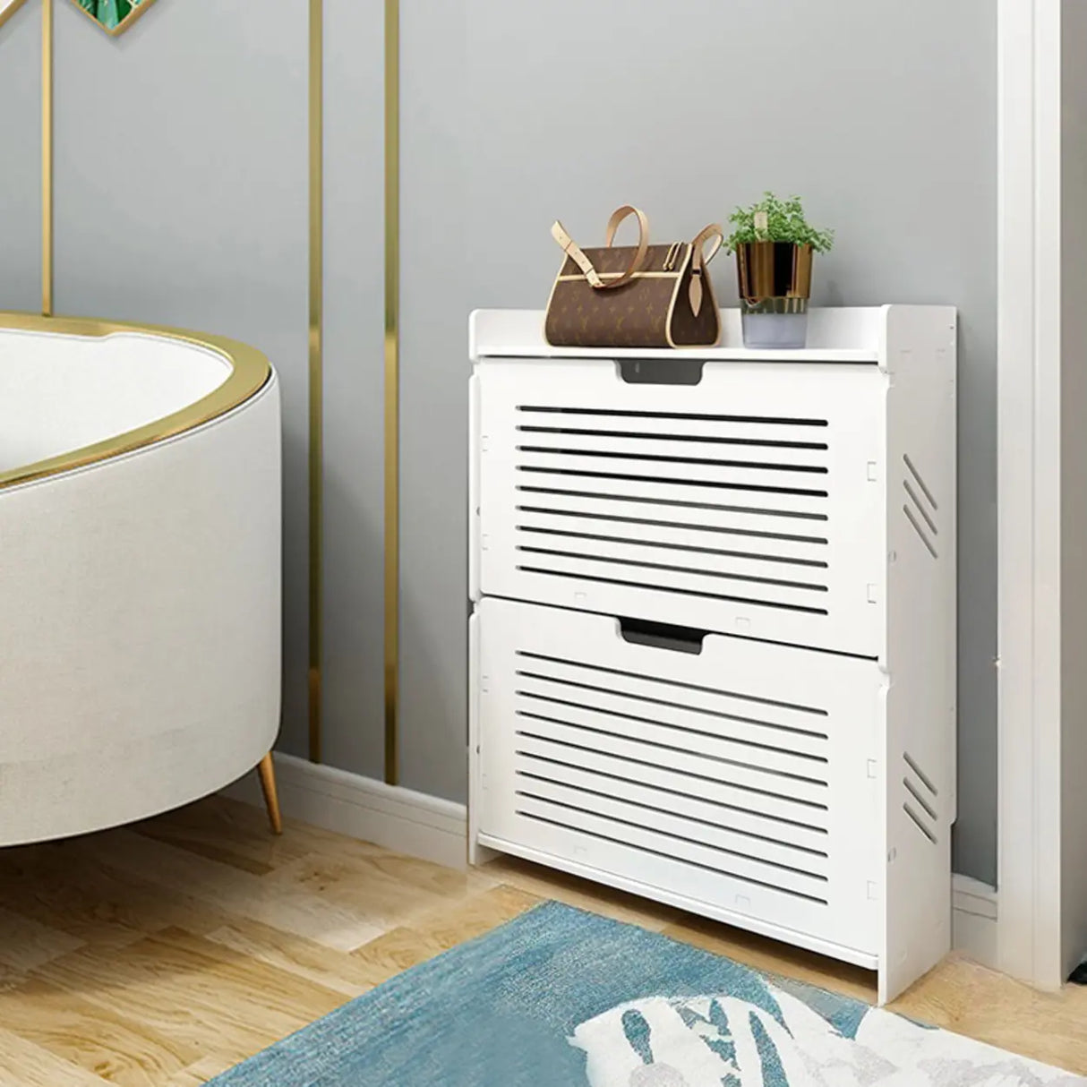 Modern Wood Free Standing White Drop Front Shoe Cabinet Image - 2