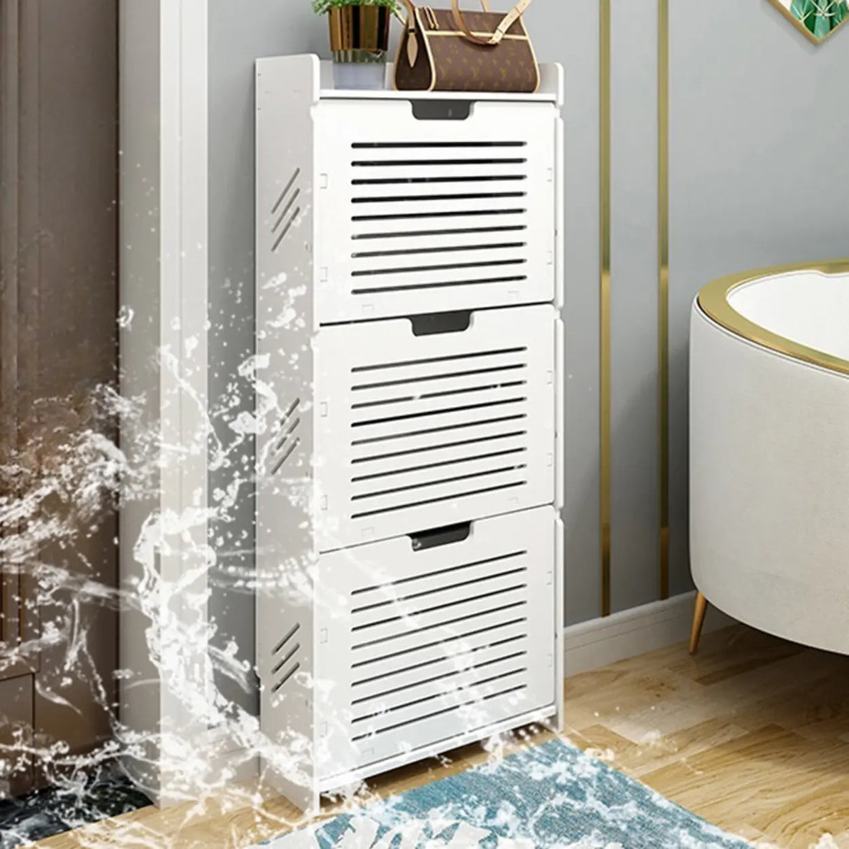 Modern Wood Free Standing White Drop Front Shoe Cabinet Image - 3