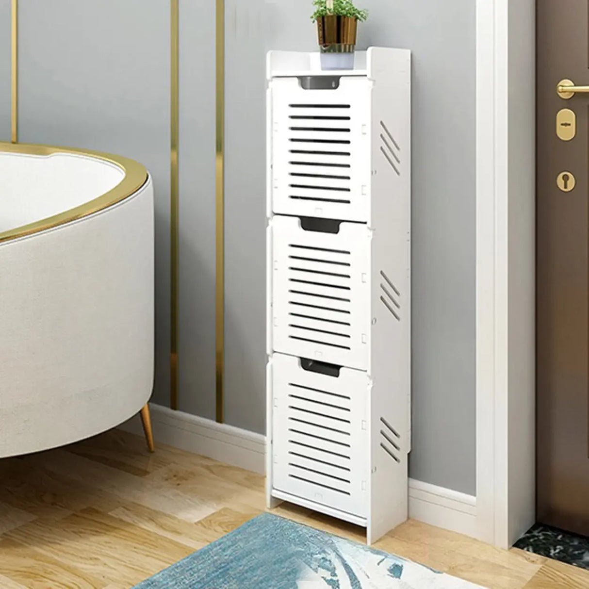 Modern Wood Free Standing White Drop Front Shoe Cabinet Image - 4