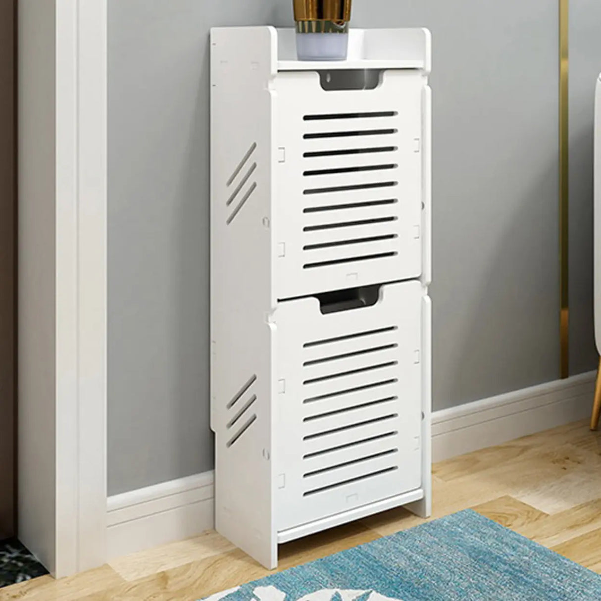 Modern Wood Free Standing White Drop Front Shoe Cabinet Image - 7