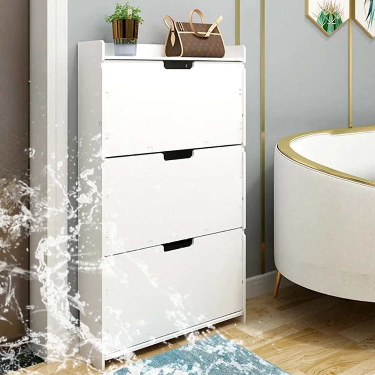 Modern Wood Free Standing White Drop Front Shoe Cabinet Image - 8