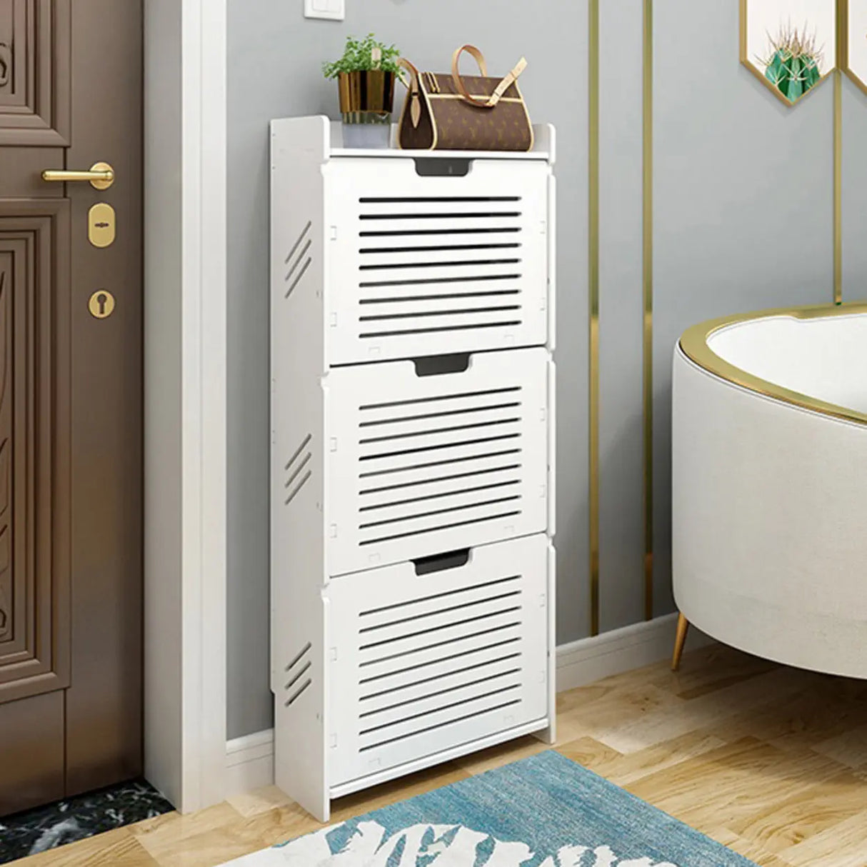 Modern Wood Free Standing White Drop Front Shoe Cabinet Image - 9