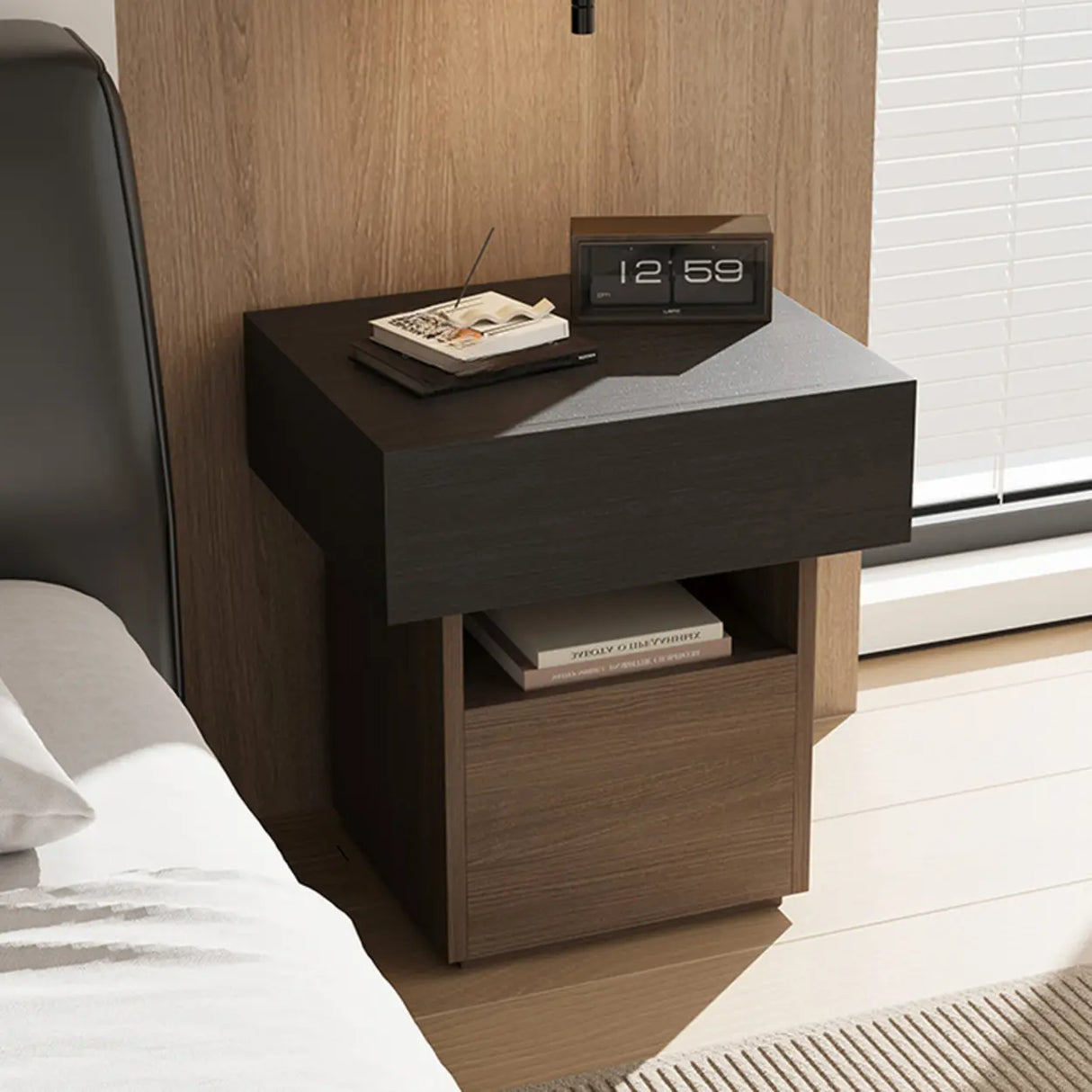 Modern Wood Nightstand with Storage Drawer and Shelf Image - 1