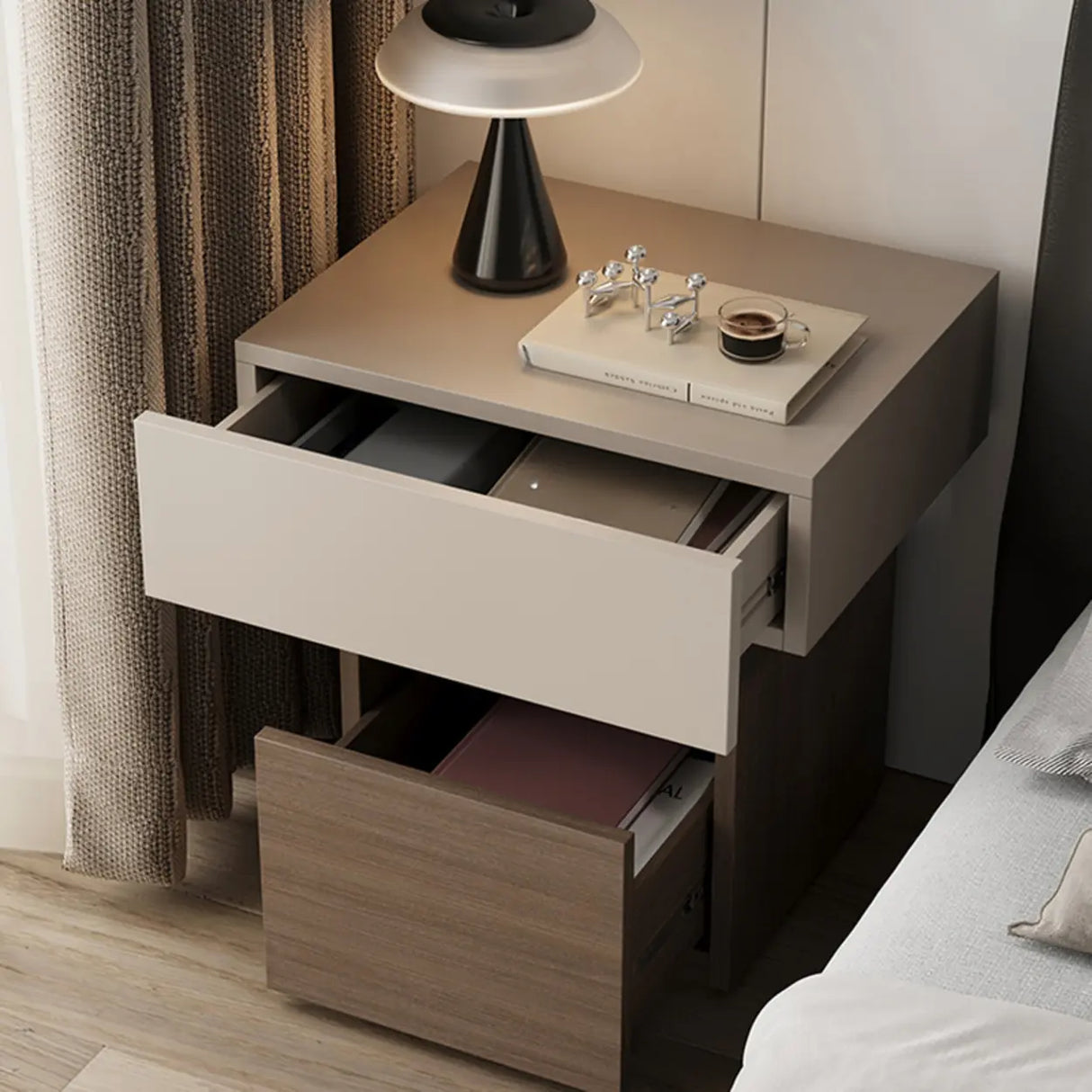 Modern Wood Nightstand with Storage Drawer and Shelf Image - 10
