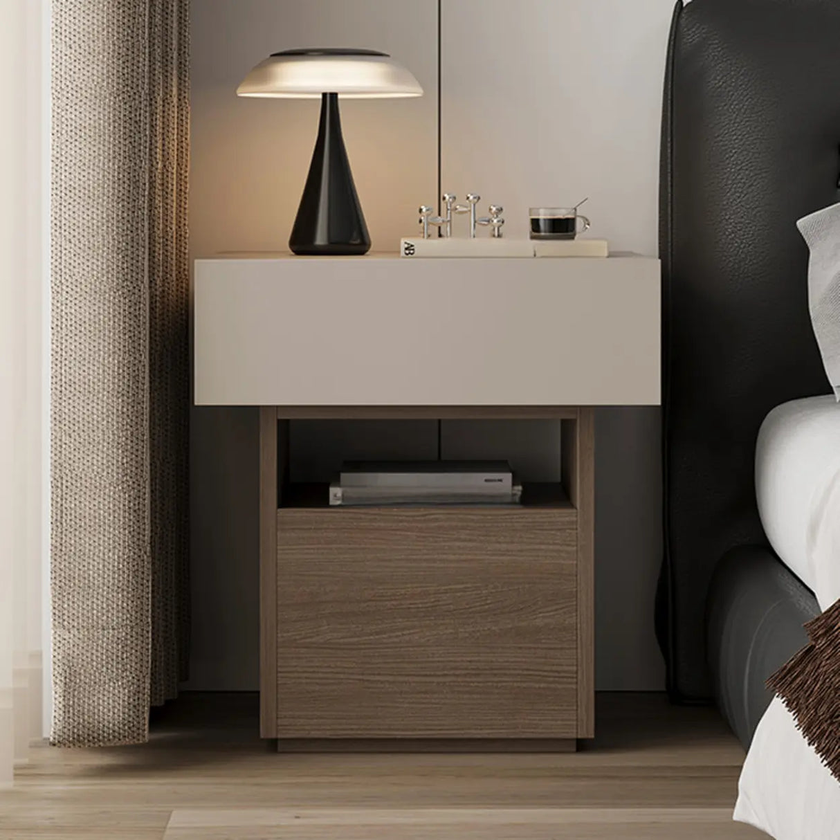 Modern Wood Nightstand with Storage Drawer and Shelf Image - 4