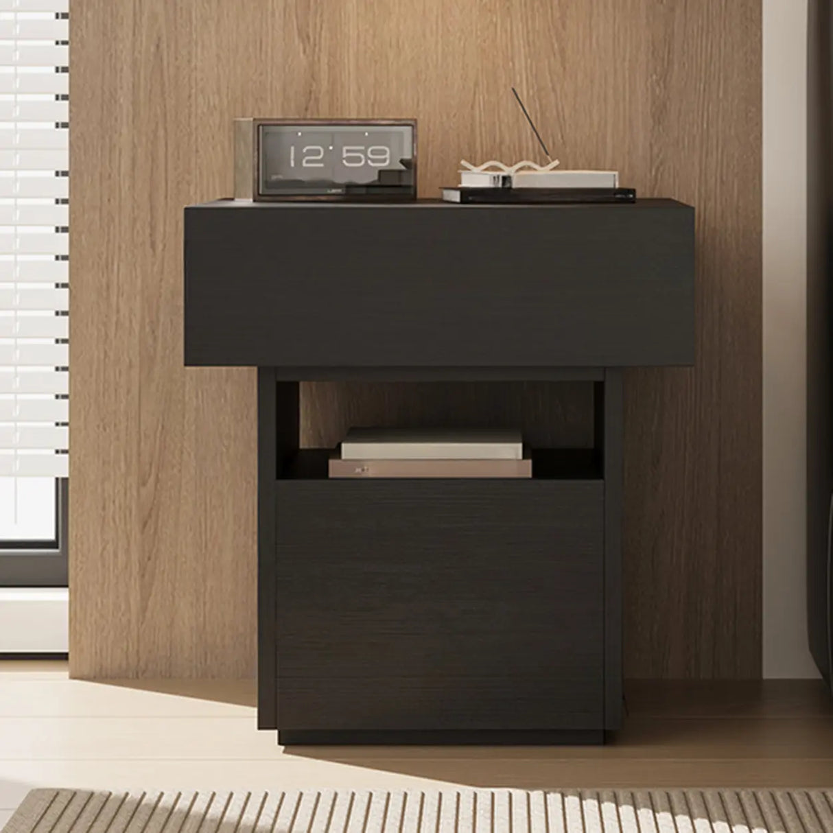 Modern Wood Nightstand with Storage Drawer and Shelf Image - 8