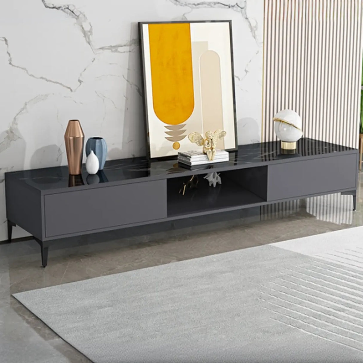 Modern Wood Rectangle Open Storage Cabinet TV Stand Image - 5