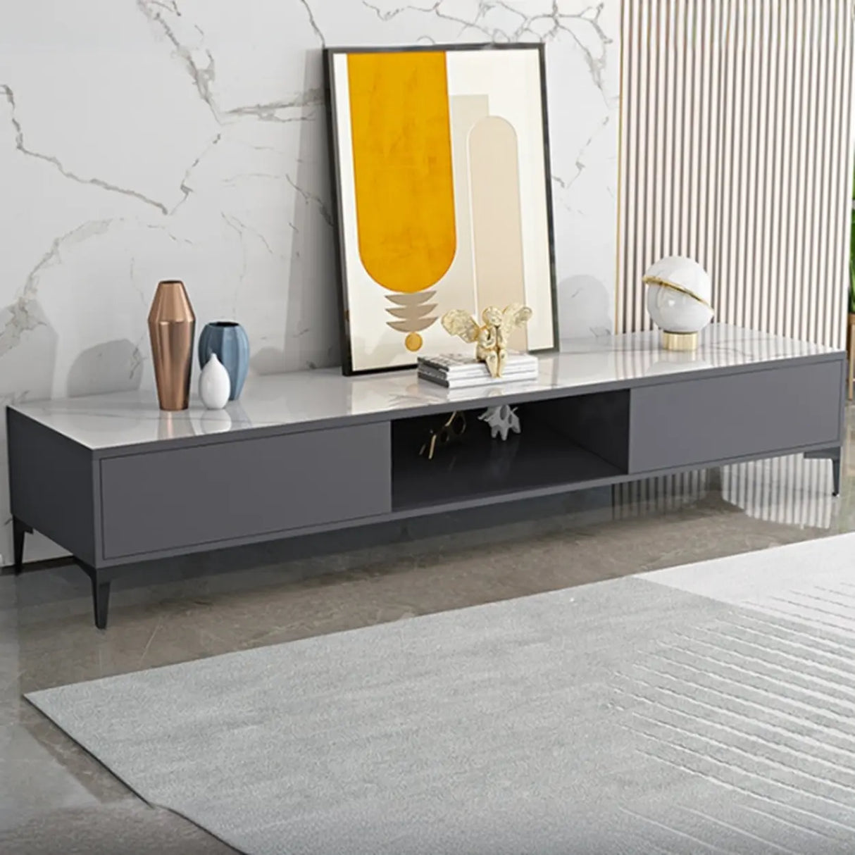 Modern Wood Rectangle Open Storage Cabinet TV Stand Image - 6