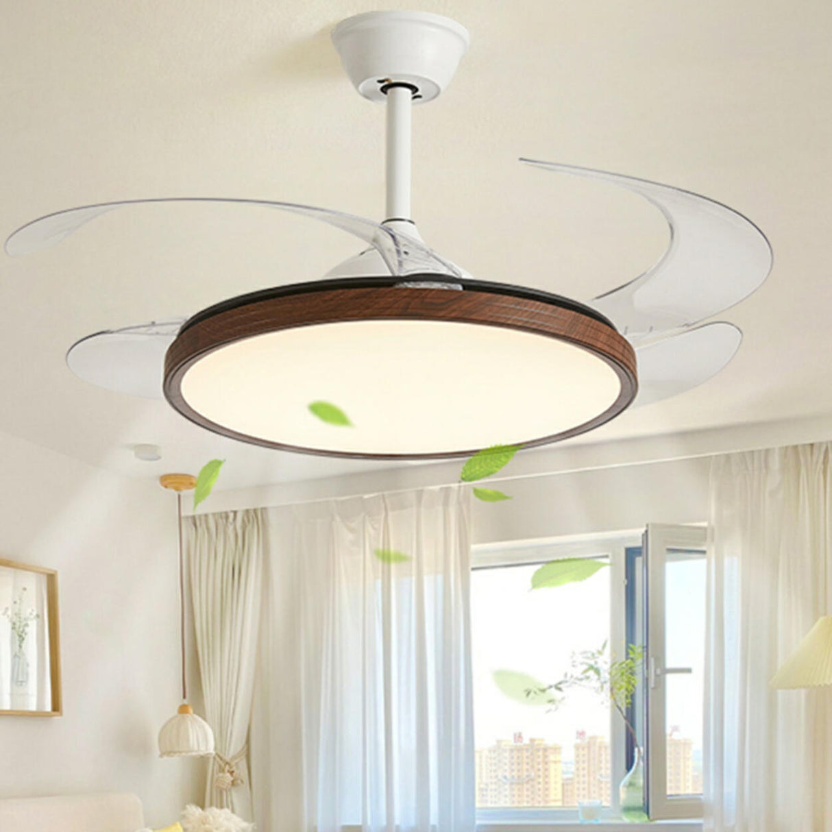 Modern Wood Retractable Blade Round Ceiling Fan Light Image - 3