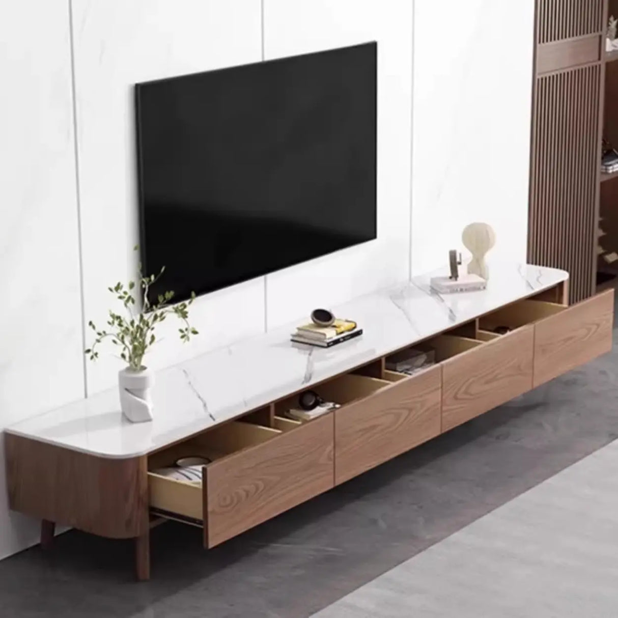 Modern Wood TV Stand with Marble Top and Storage Drawers Image - 1