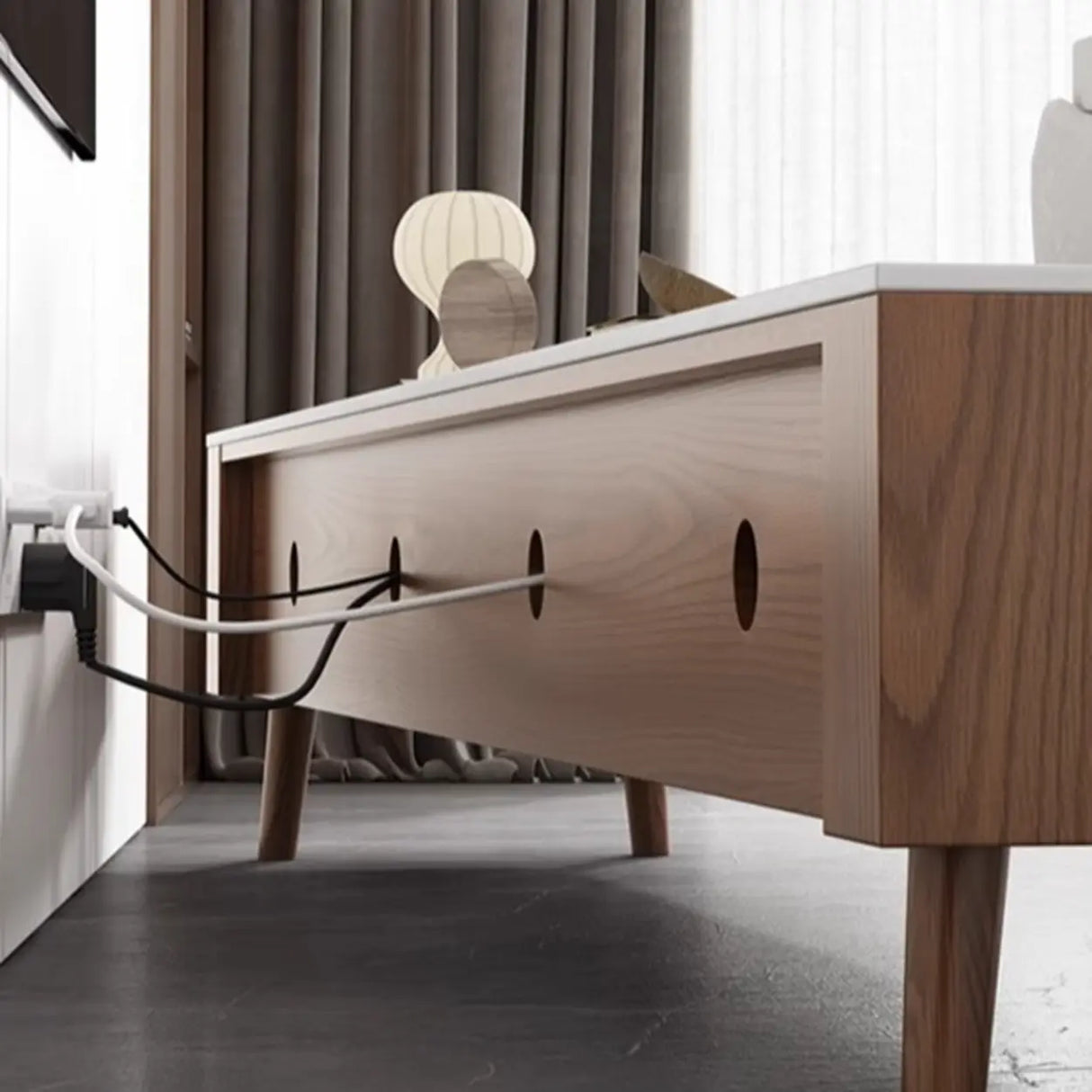 Modern Wood TV Stand with Marble Top and Storage Drawers Image - 10