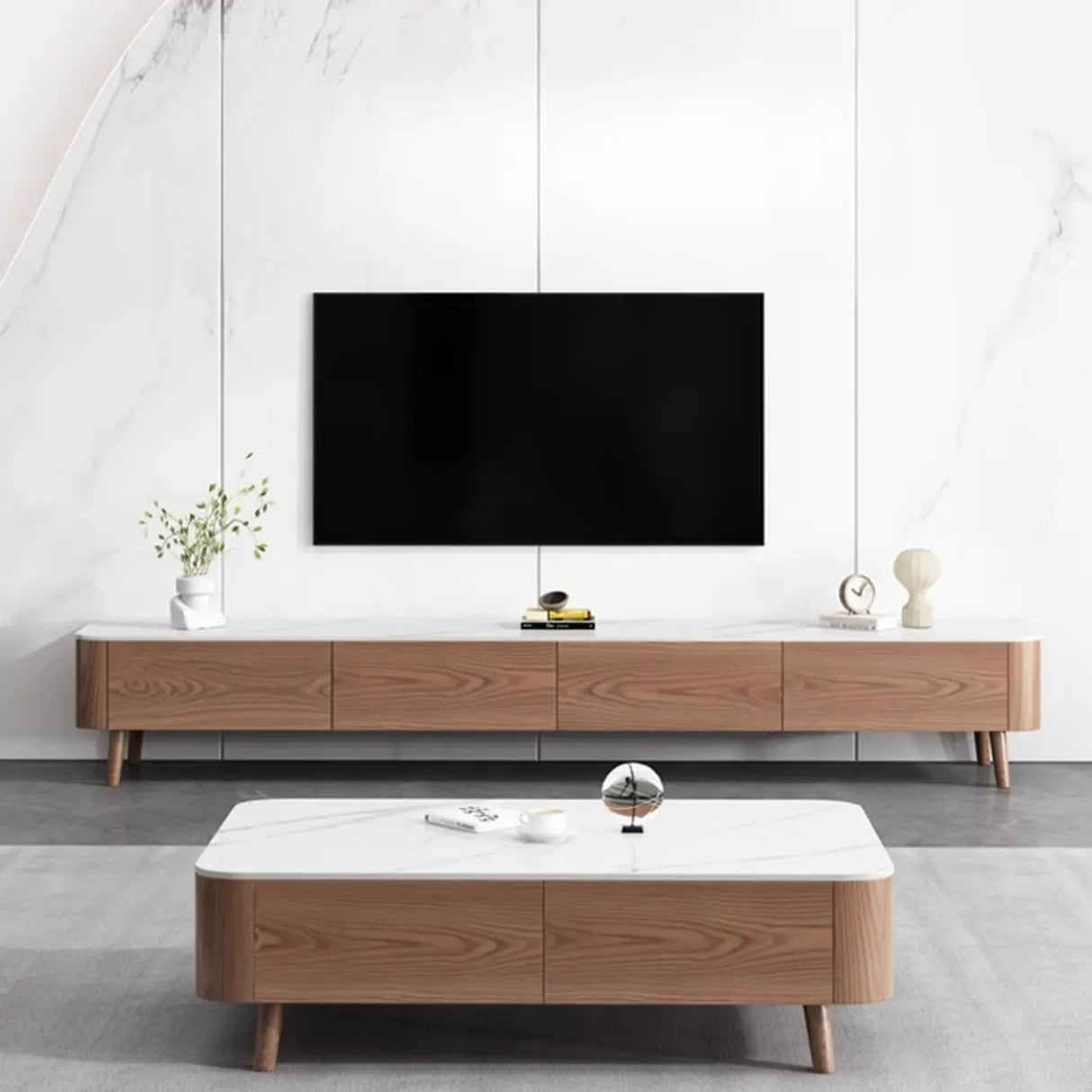Modern Wood TV Stand with Marble Top and Storage Drawers Image - 4