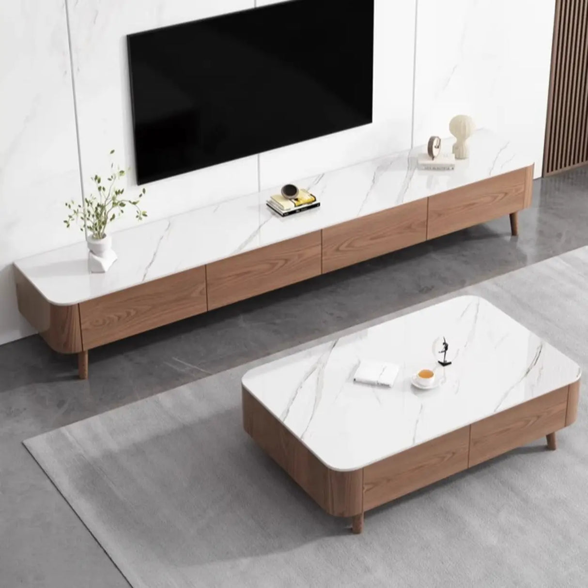 Modern Wood TV Stand with Marble Top and Storage Drawers Image - 5