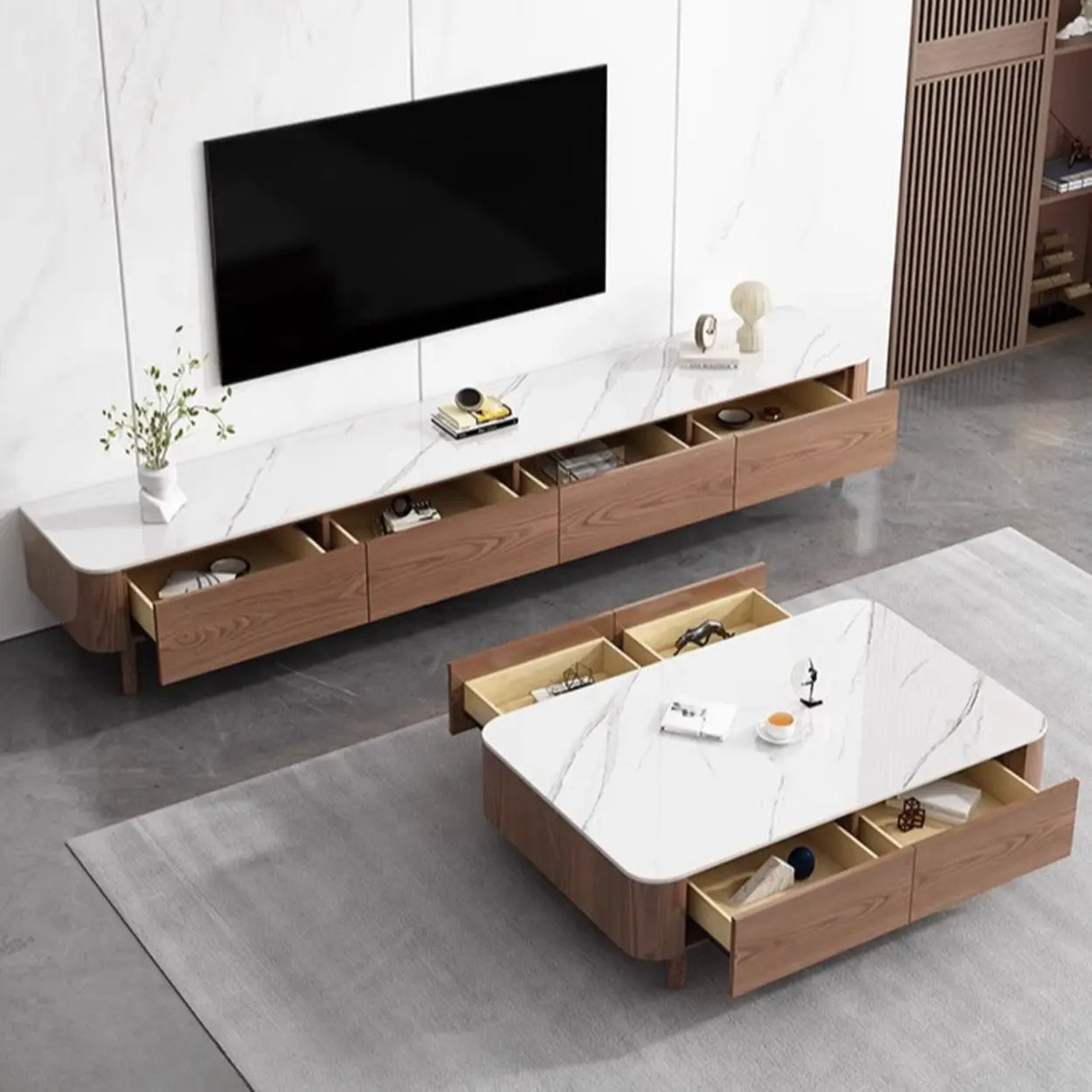 Modern Wood TV Stand with Marble Top and Storage Drawers Image - 6