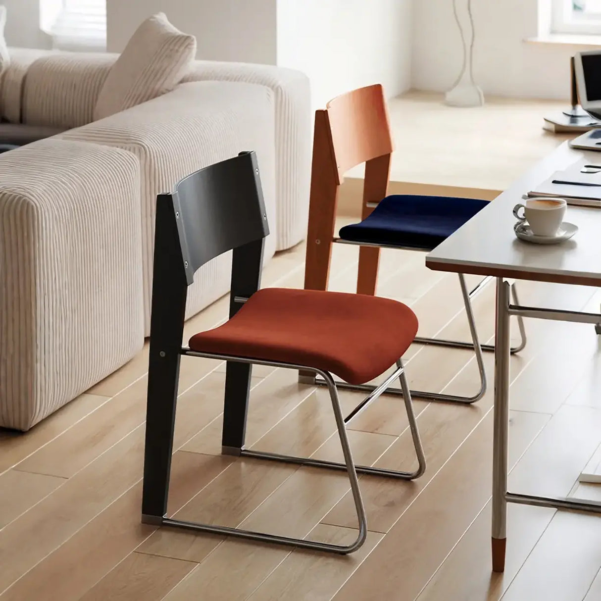 Modern Wood Velvet Open Back Armless Stackable Dining Chair Image - 1