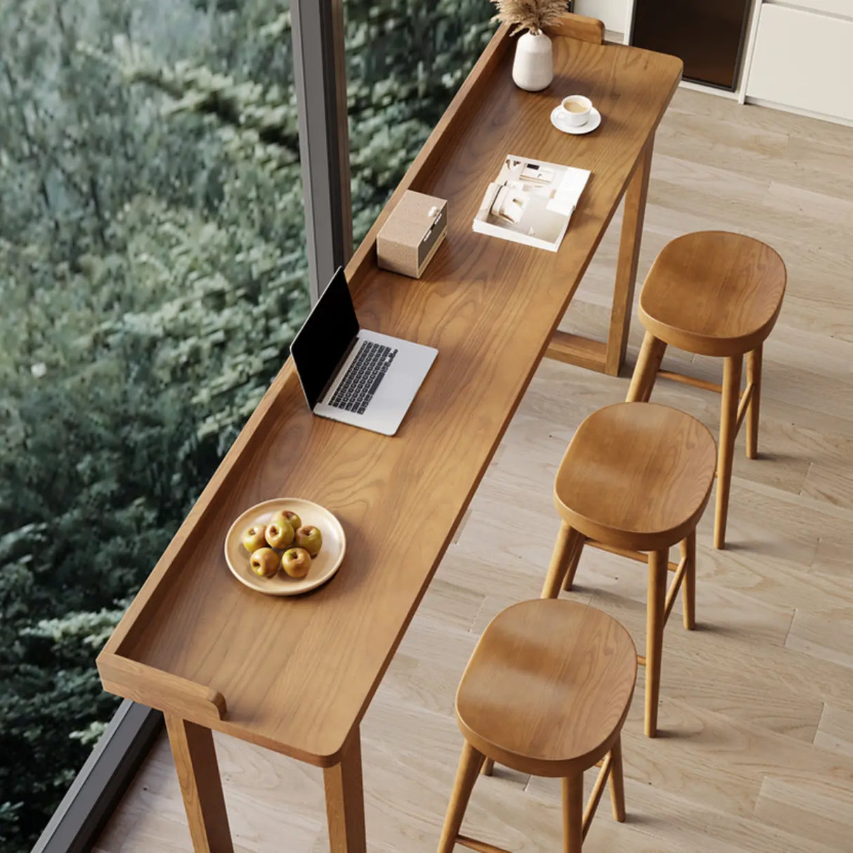 Modern Wooden Bar Table Set with 3 Stools for Home & Office Image - 4