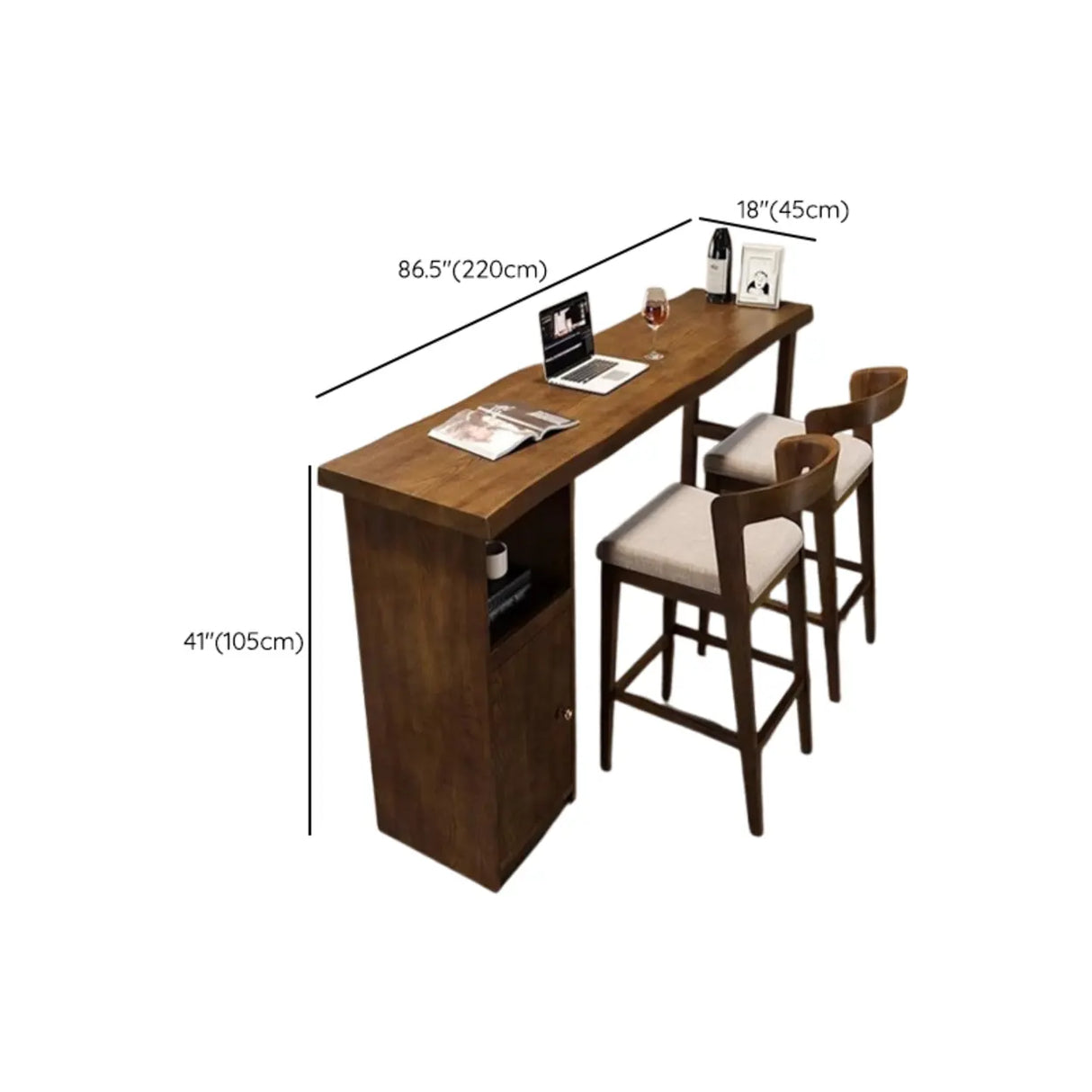 Modern Wooden Bar Table Set with Storage and High Stools Image - 12