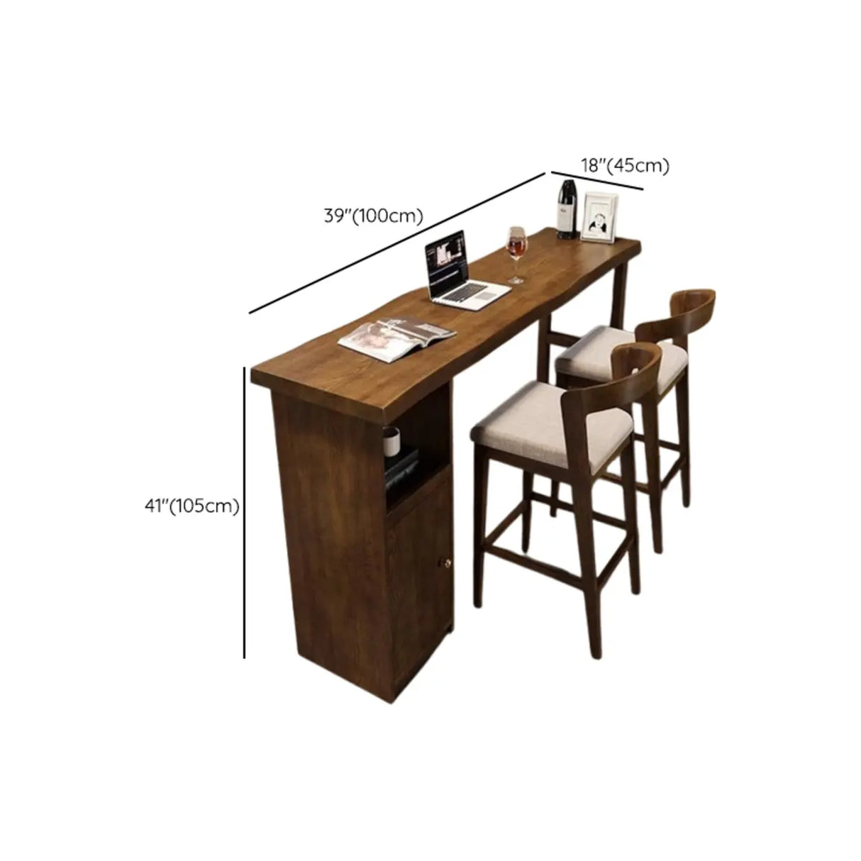 Modern Wooden Bar Table Set with Storage and High Stools