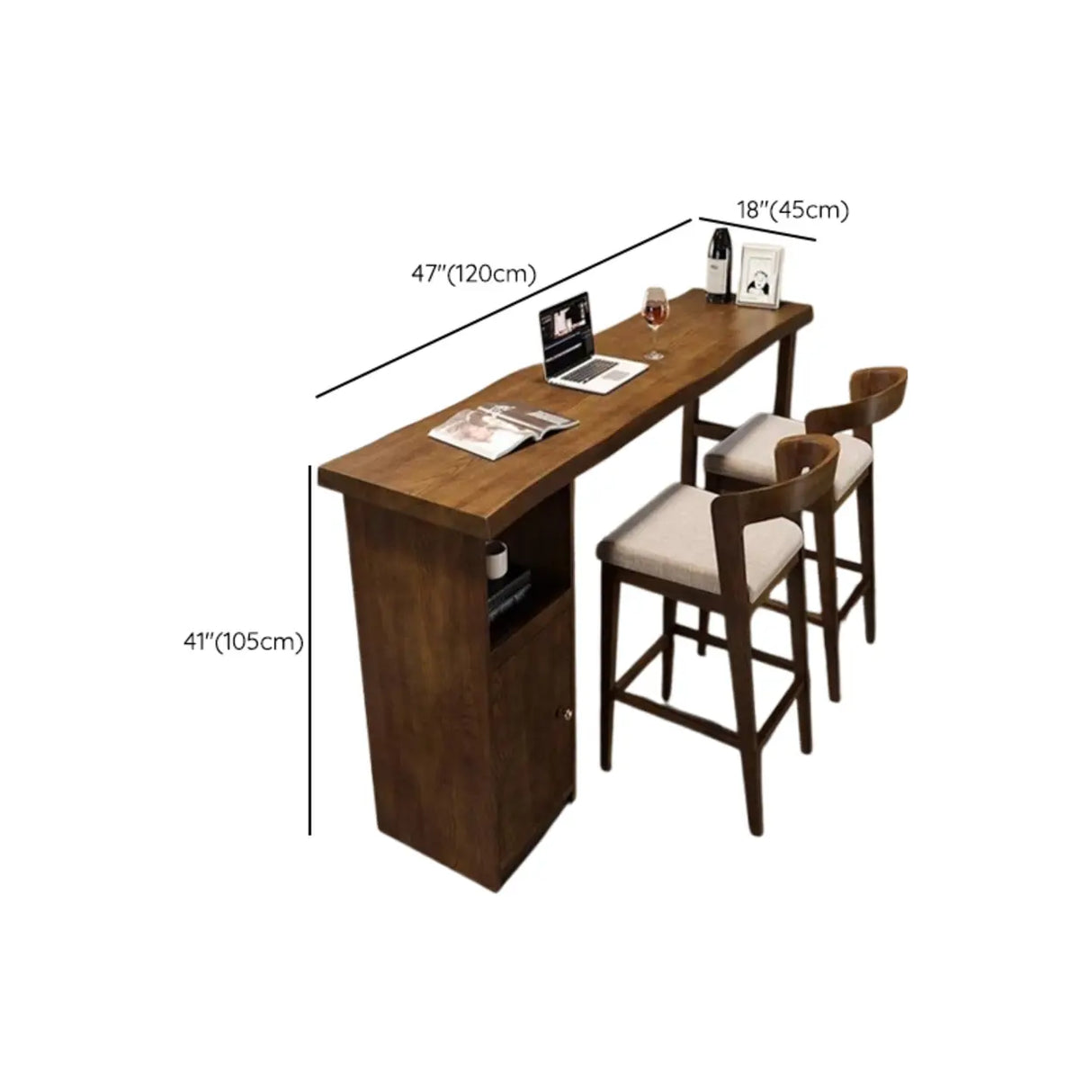 Modern Wooden Bar Table Set with Storage and High Stools Image - 7