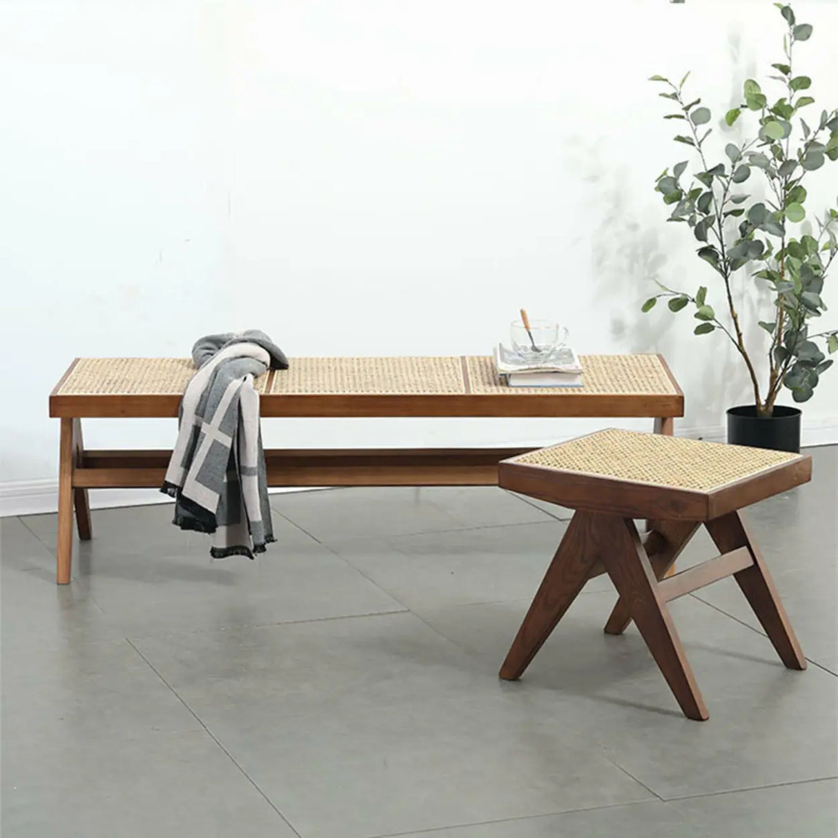 Modern Wooden Bench & Stool Set with Woven Rattan Seat Image - 1