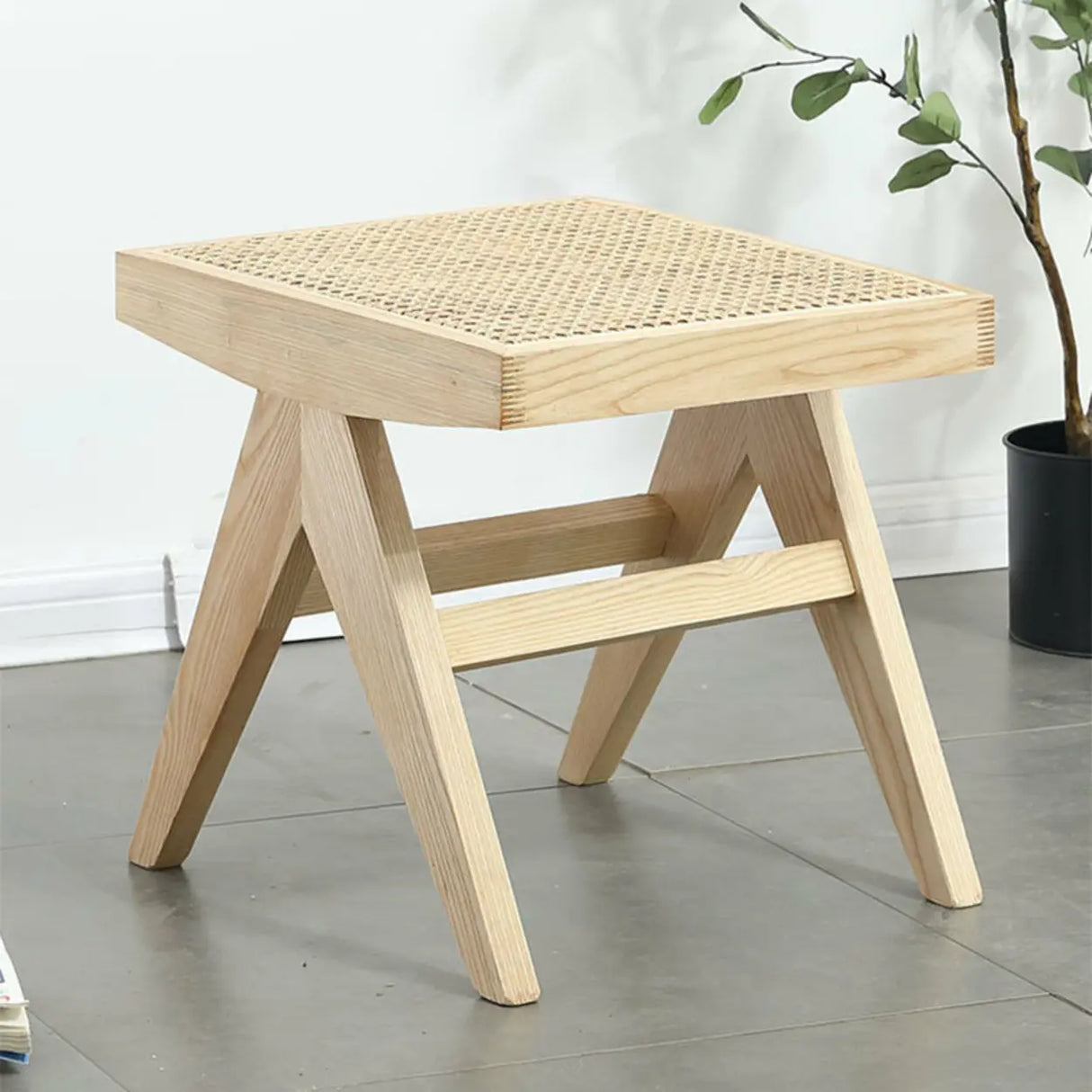 Modern Wooden Bench & Stool Set with Woven Rattan Seat Image - 10