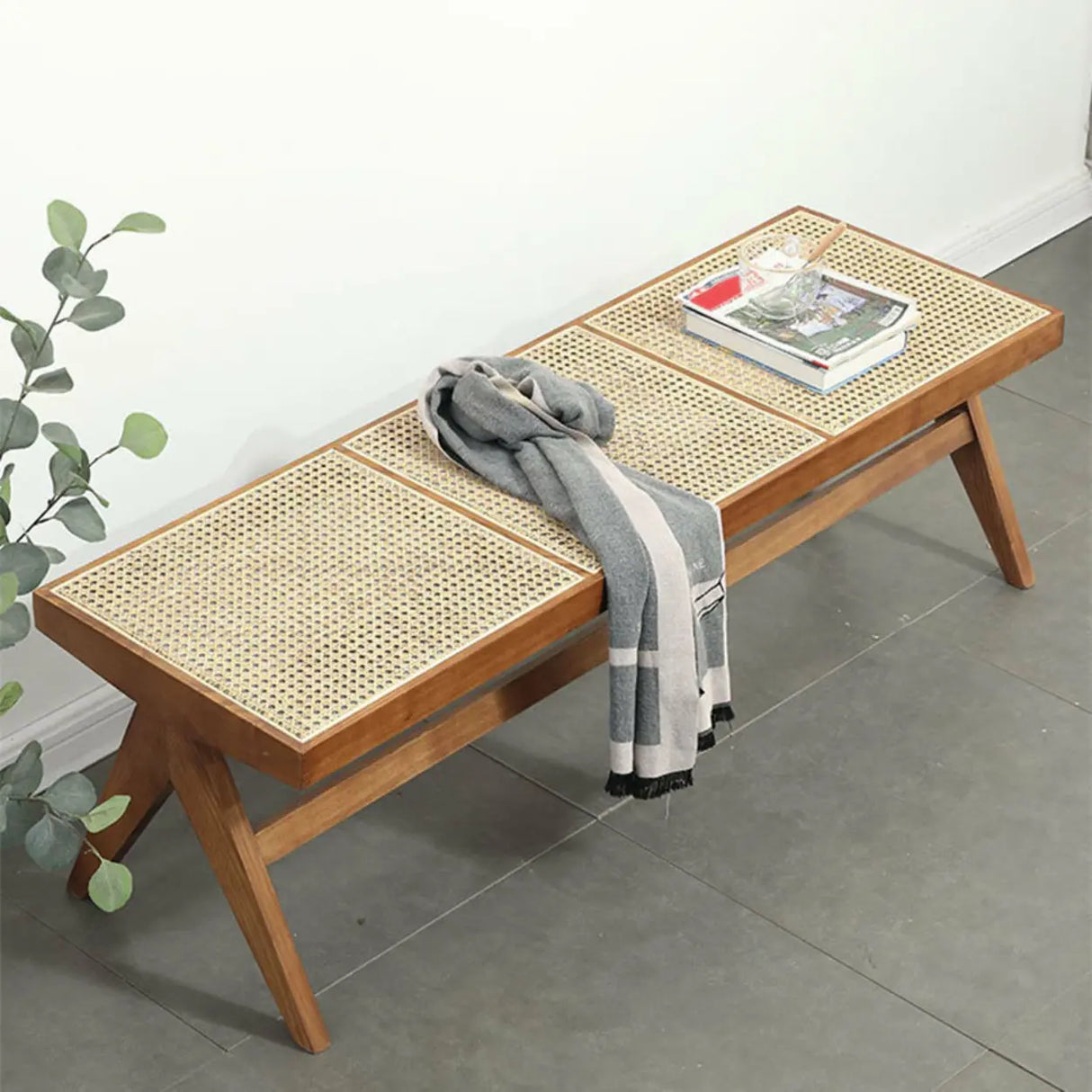 Modern Wooden Bench & Stool Set with Woven Rattan Seat Image - 11